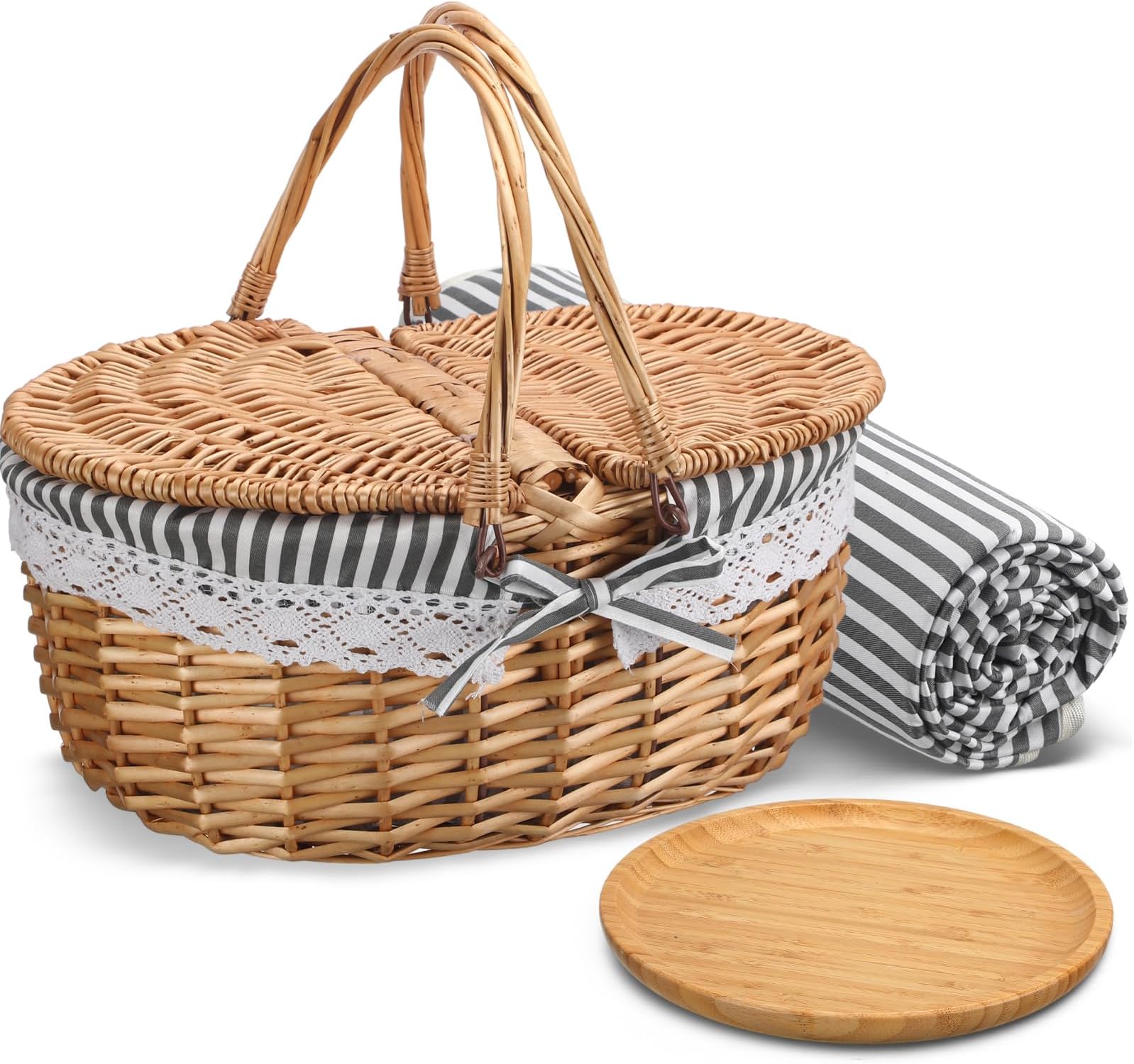 Picnic Basket with Blankets and Bamboo Plates Picnic Supplies Set Basket with Lid and Handle Wicker Picnic Basket Sturdy Woven Body with Washable Lining for Camping(Grey)