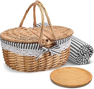 Picnic Basket with Blankets and Bamboo Plates Picnic Supplies Set Basket...
