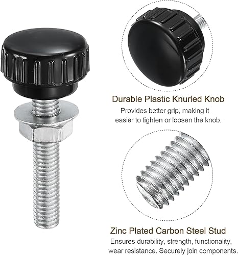 Miniatura 212 de uxcell Juego de 4 perillas moleteadas, tornillos de pulgar con tuercas y arandelas, rosca macho métrica M6 x 1.378 in, cabeza de plástico de 0.984