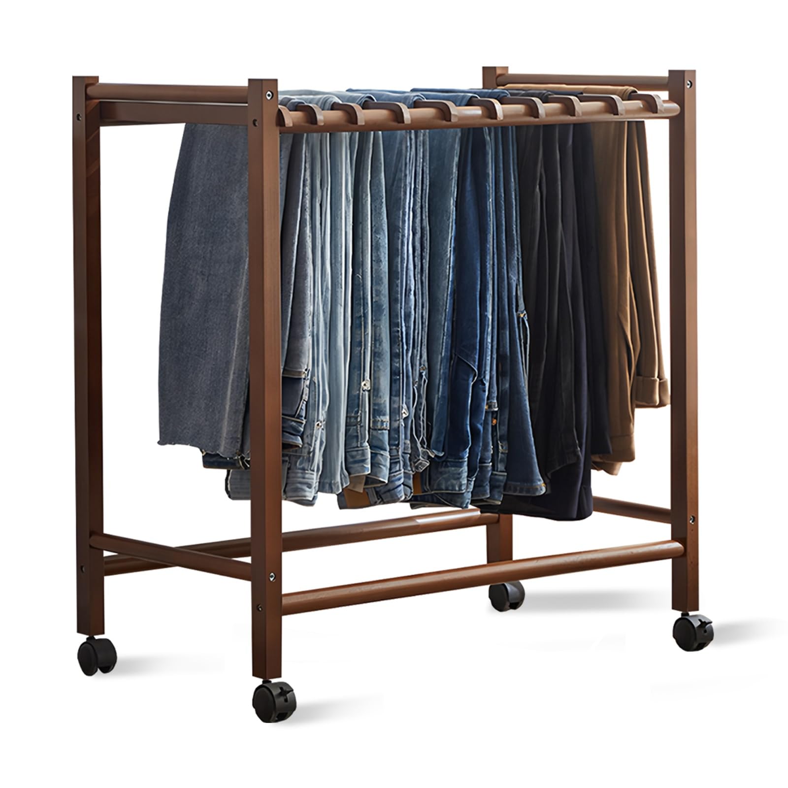 OLSKFUH Pull-Out Trouser Rack Removable Pull-Out Rack Wardrobe Storage Expandable Space Saving Drawer-Style Hanger Rod Rolling Trolley,Portable Rolling Wooden Pants Hangers With,