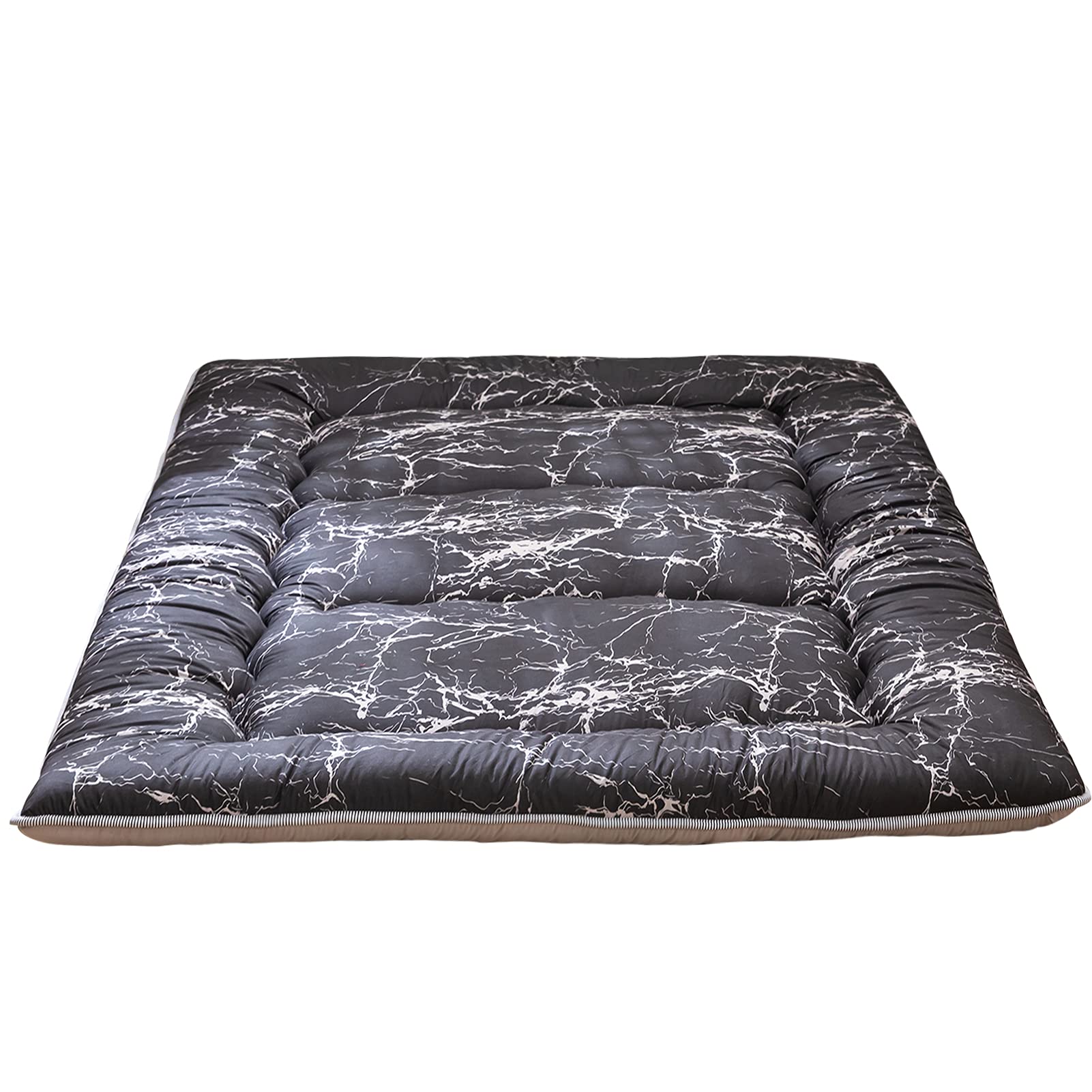MAXYOYO Black Marble Printed Japanese Futon Floor Mattress, Thicken Sleeping Pad, Roll Up Camping Bed, Folding Couch Topper for Guests, Queen Size