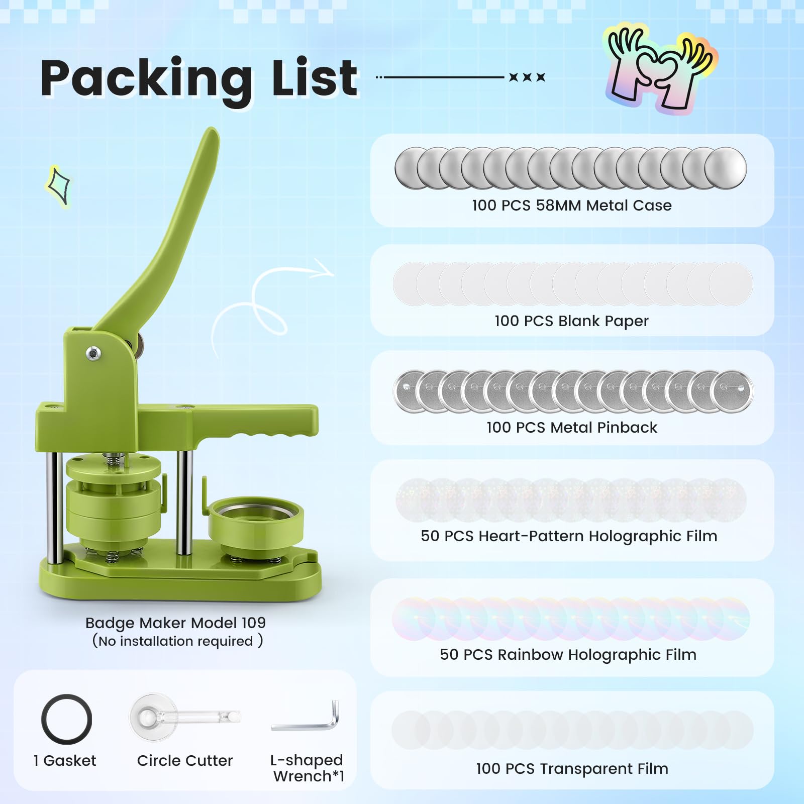 Macchina per bottoni KEYSAFER per creare badge 58 mm, set di pressa per bottoni fai da te senza installazione, con 100 parti in metallo per bottoni, lamina arcobaleno e taglierina rotonda per feste e