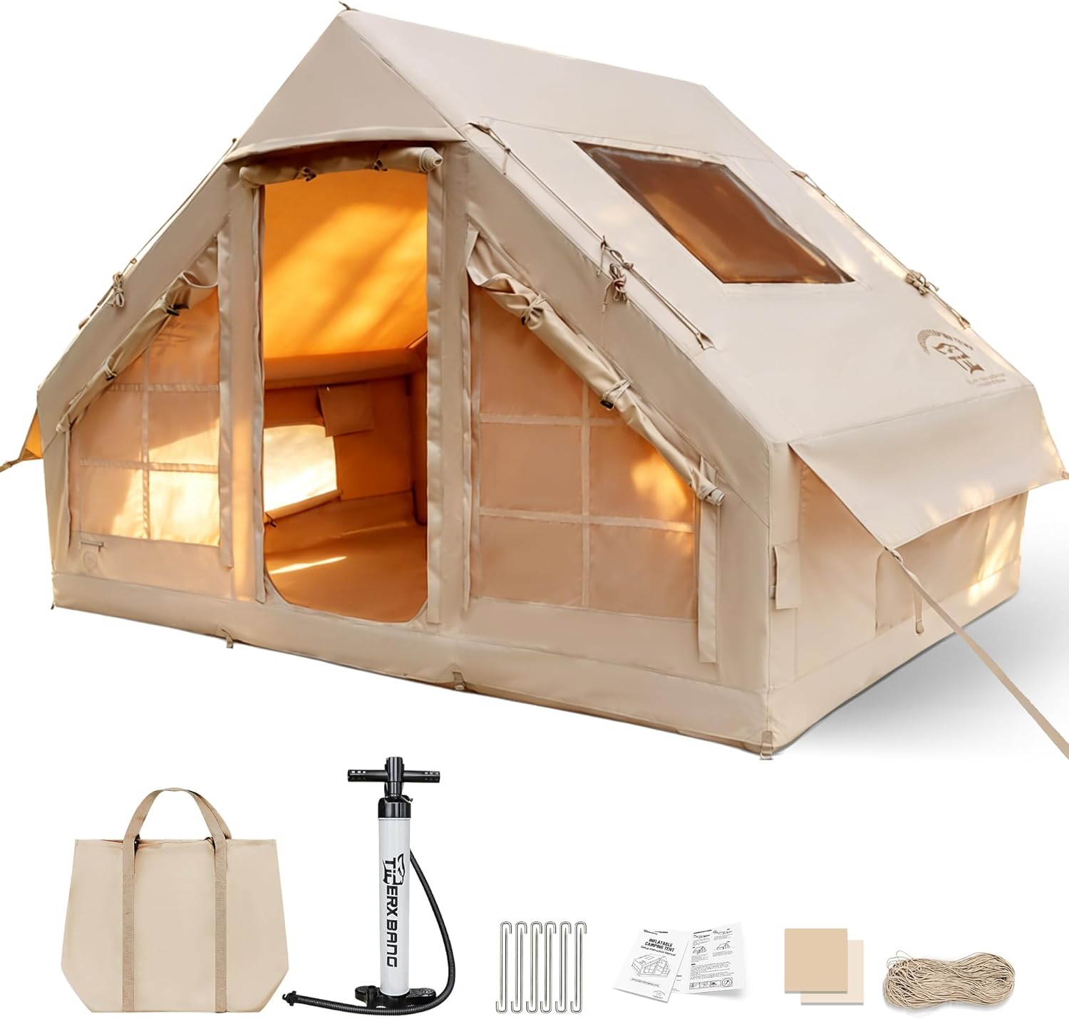 Inflatable Tent for Camping, 4-6 Person Glamping Air Tents, Easy Setup 4 Season Luxury Cabin, Waterproof & Windproof Inflatable House Tent with Panoramic View Windows