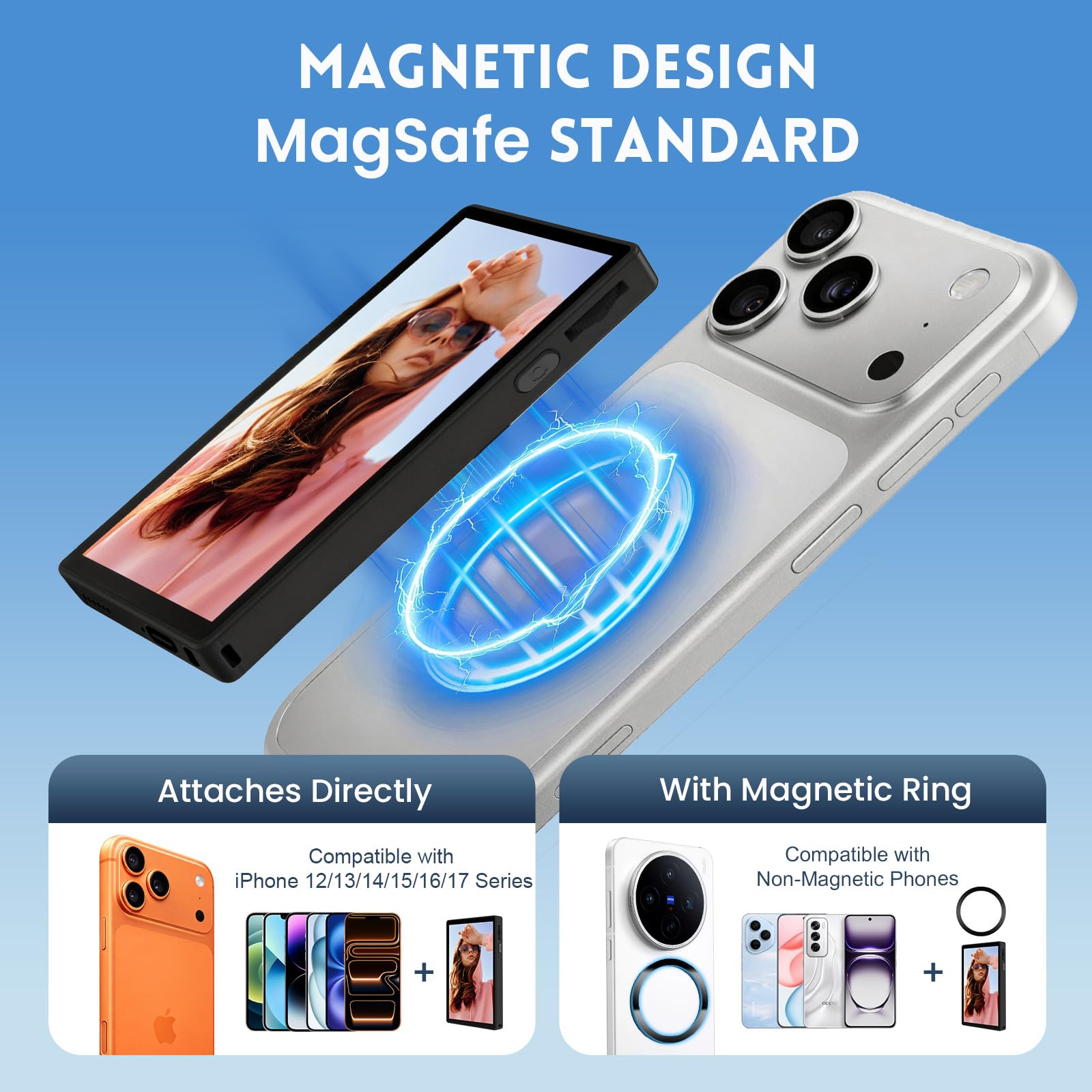 Schermo per selfie per iPhone e Android, con touchscreen, monitor magnetico per selfie Vlog, altoparlante integrato, mirroring in tempo reale, per selfie iPhone, YouTube, Vlog, Live Streaming