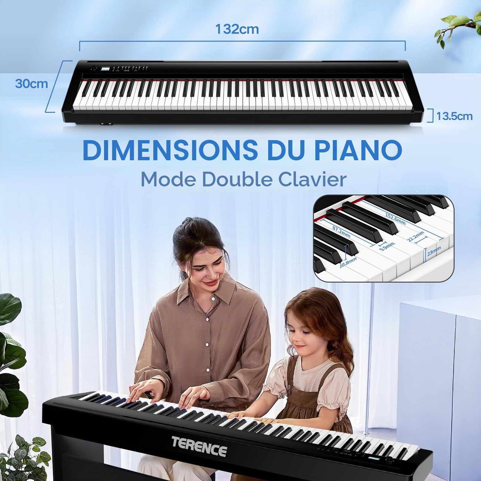 TERENCE Piano Numérique 88 Touches Clavier Graded-Hammer 50W Haut-parleurs HiFi Doubles Enregistrement Vidéo Mobile Bluetooth MIDI Prise en Charge des Casques et des Haut-parleurs