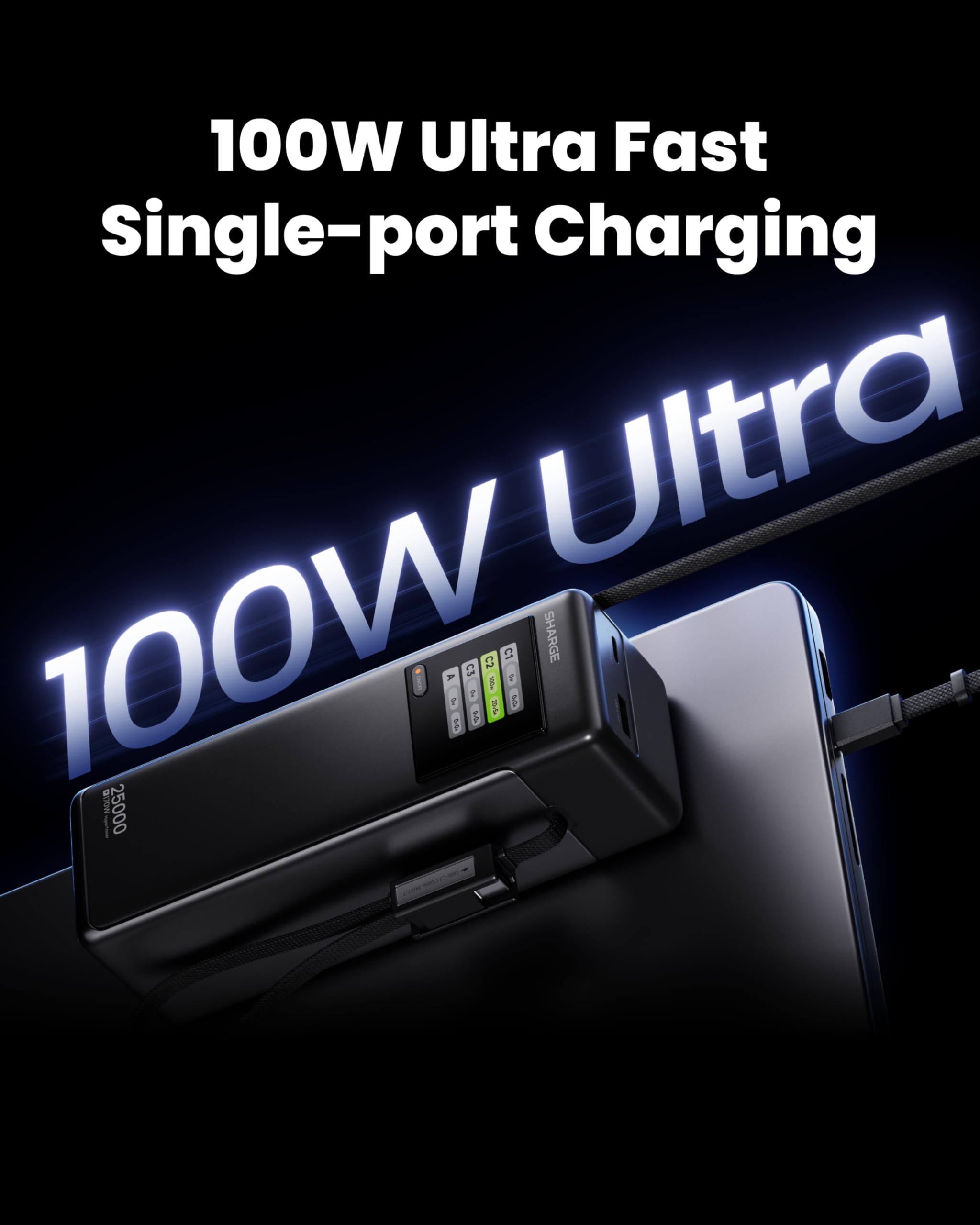 SHARGE Laptop Power Bank 25000mAh, HyperTower 170W Total Fast Charging Portable Charger, 100W USB-C Power Bank with Built-in Cables, High Capacity Travel Battery Pack for MacBook, iPhone17, Galaxy S26 - 4