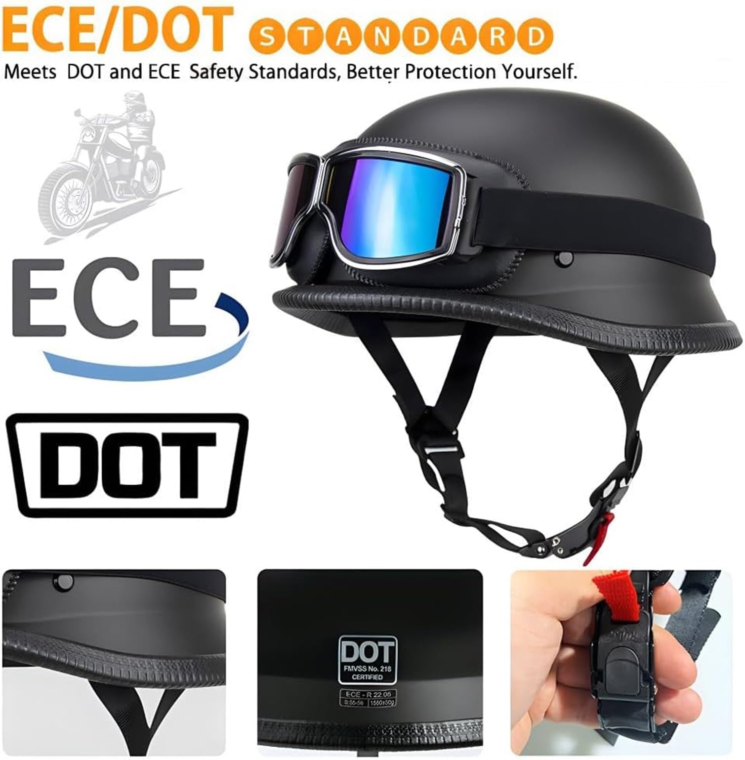 Vintage niemiecki kask motocyklowy półotwarty kask motocyklowy z goglami zatwierdzony przez DOTECE dorośli mężczyźni kobiety półusztywniany kask na rower Cruiser