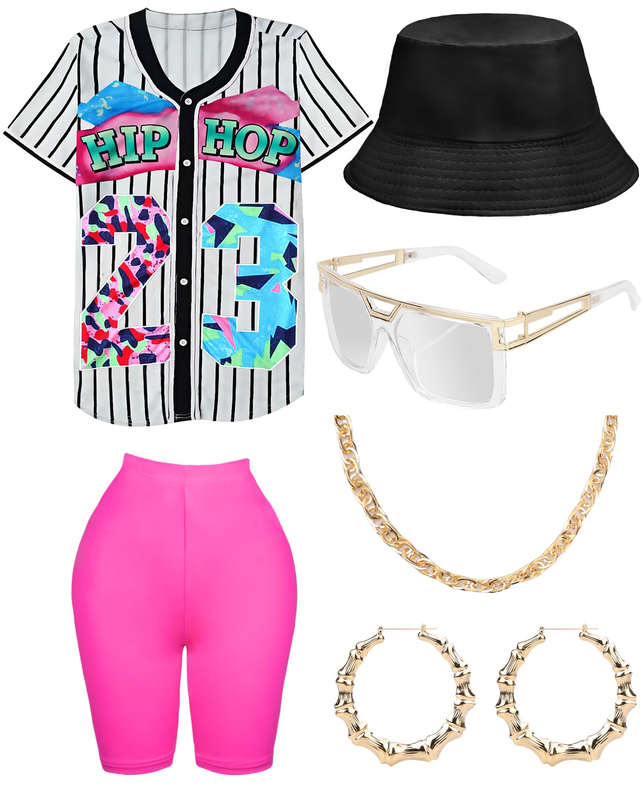 WILDPARTY 80s 90s Hip Hop Costume Outfit for Women Baseball Jersey Shirt Yoga Pants Bucket Hat Gold Chain Rapper Accessories 1990s 1980s Neon Clothes Retro Party WhitePink 2XL