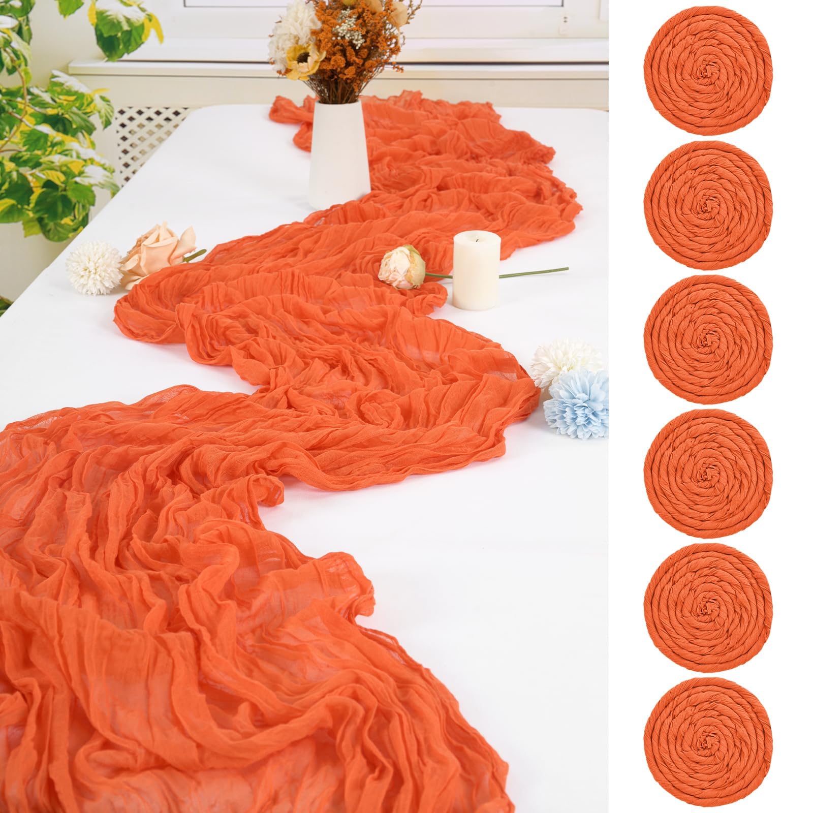 6 PCS Orange Cheesecloth Table Runner, 300cm 10FT Long Gauze Table Runners for Weddings, Boho Rustic Romantic Sheer Decor for Reception, Party & Bridal Shower, Reinforced Edges