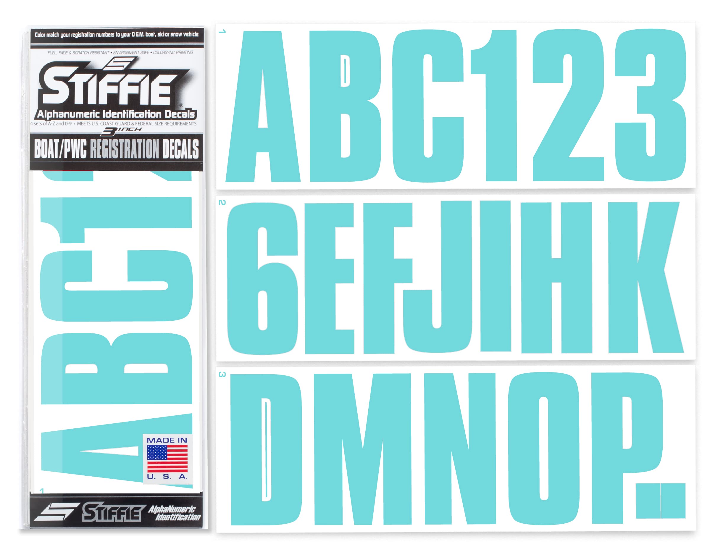 STIFFIE Uniline Mint 3" Boat &amp; PWC Registration Decals • Numbers Letters Stickers