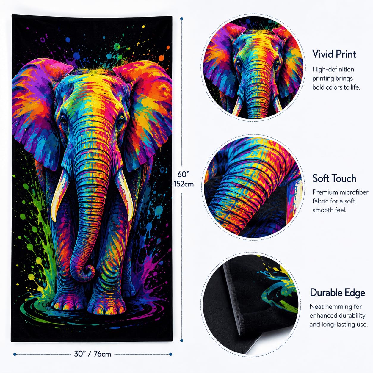 Telo Mare Microfibra Elefante Colorato Asciugatura Rapida | Asciugamano da Spiaggia Elefante Astratto, 145x200 cm, Assorbente, Accessori Mare, per Palestra Viaggio