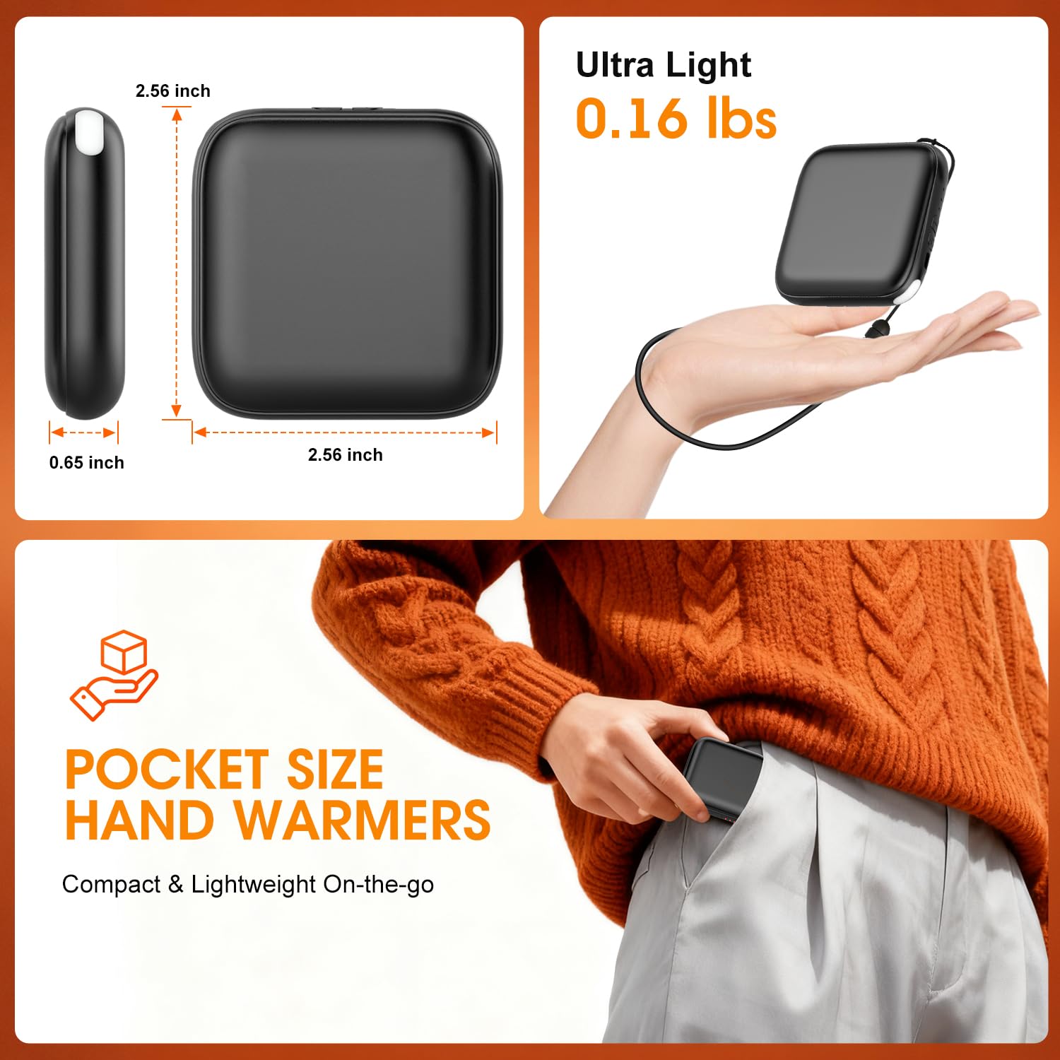 Hand Warmers Rechargeable 2 Pack - 6000mAh 3-Temp Fast Heating Electric Hand Warmers with LED Light, UL Certified Portable Pocket Heater, Hunting Essentials, Gifts for Christmas Men Women Teens(Black)