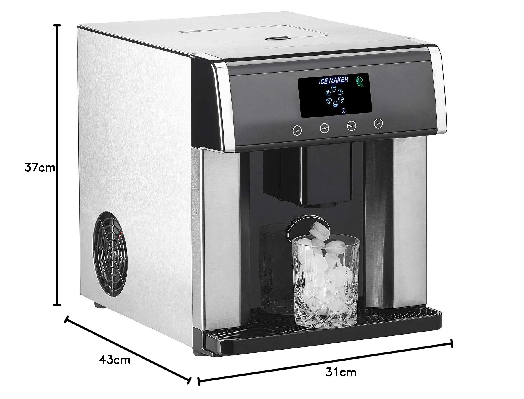 Rosenstein & Söhne Eiswürfelmaschine klein: Eiswürfelmaschine & Wasserspender V2 mit XL-Display, Edelstahl-Gehäuse (mit Spender, Wasserspender mit Eiswürfel, Ice)