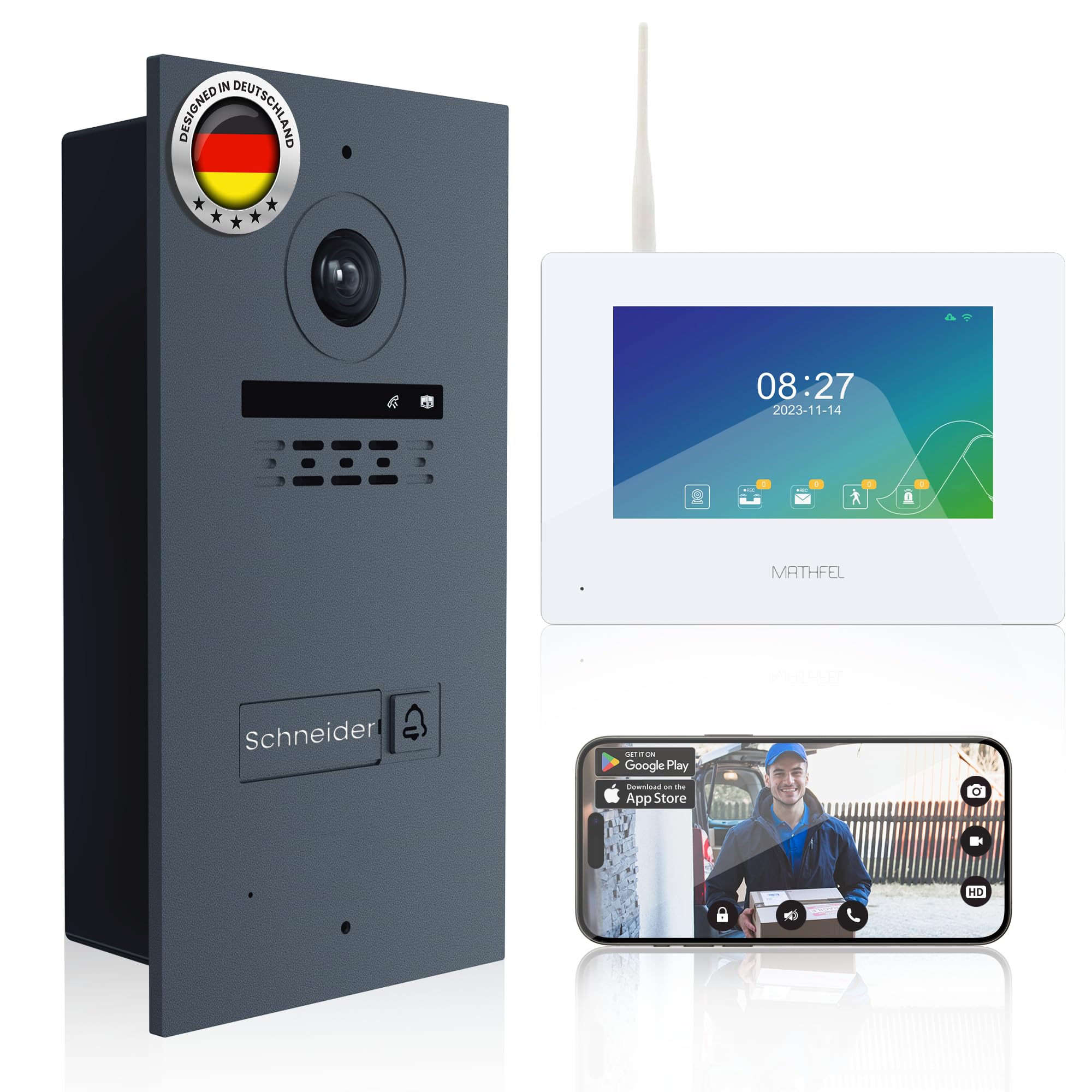 Mathfel Funk WLAN Video Türsprechanlage für 1-Familienhaus mit RFID und 7'' Monitor, Touchscreen HD Auflösung 170 Grad – Außenstation in Anthrazit