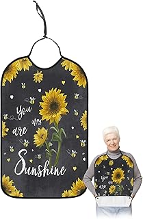 Kewadony Adult Bibs for Elderly Women - Rustic Sunflower Waterproof Dining Clothing Protectors with Crumb Catcher for Eating/Feeding, Black Farmhouse Yellow Florals My Sunshine Terry Cloth Bib