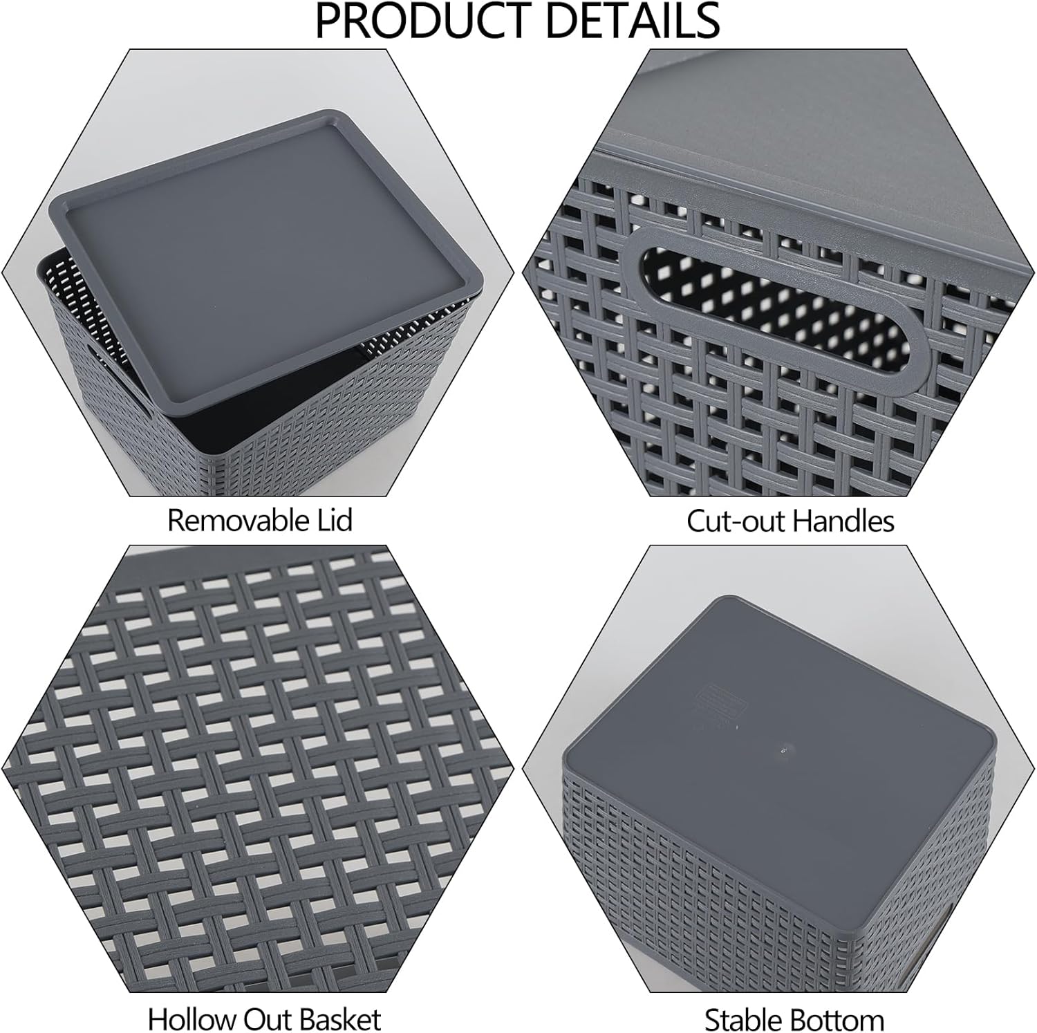 Ggbin 6-Pack Large Plastic Weave Storage Basket with Lid, Grey Storage Basket Bins