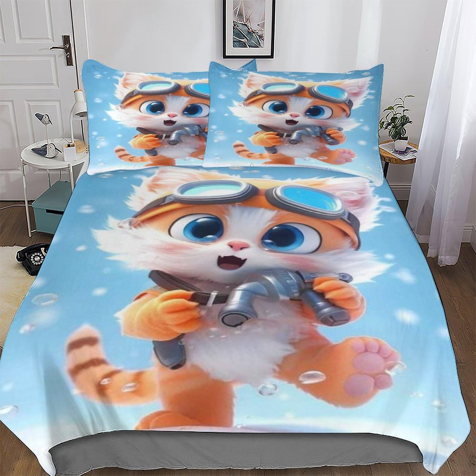 Housse de couette chat anti-plis parure de lit 220x240 microfibre pour sommeil réparateur