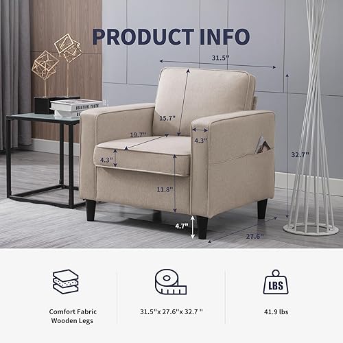 Miniatura 23 de Sillón moderno, sofá individual, tapizado, cómodo sillón de lino con 4 bolsillos de almacenamiento, silla de sala de estar, dormitorio, silla para