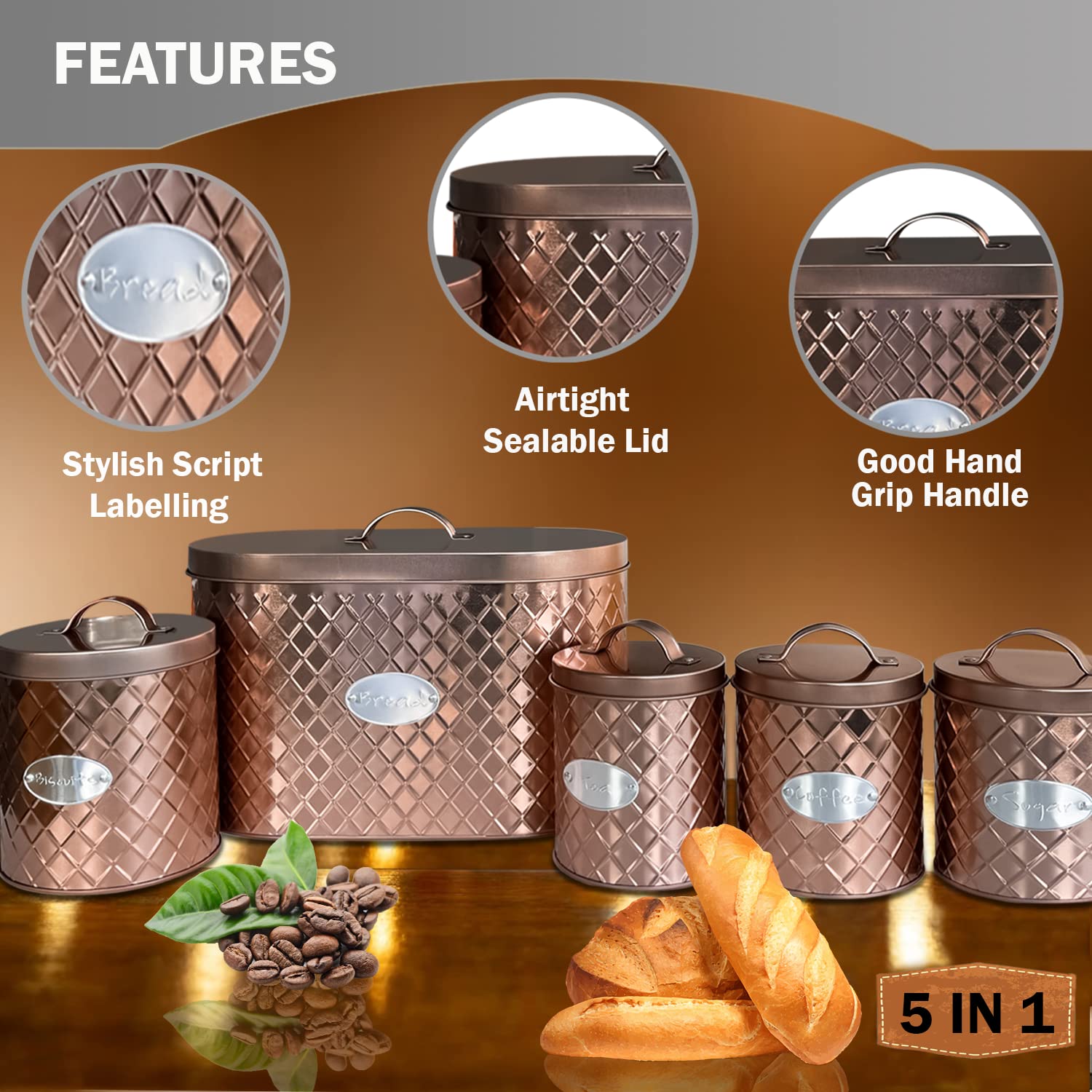 5pc Kitchen Storage Container Set Bread Bin Tea Sugar Coffee Biscuit  Tins by Crystals® (Copper)