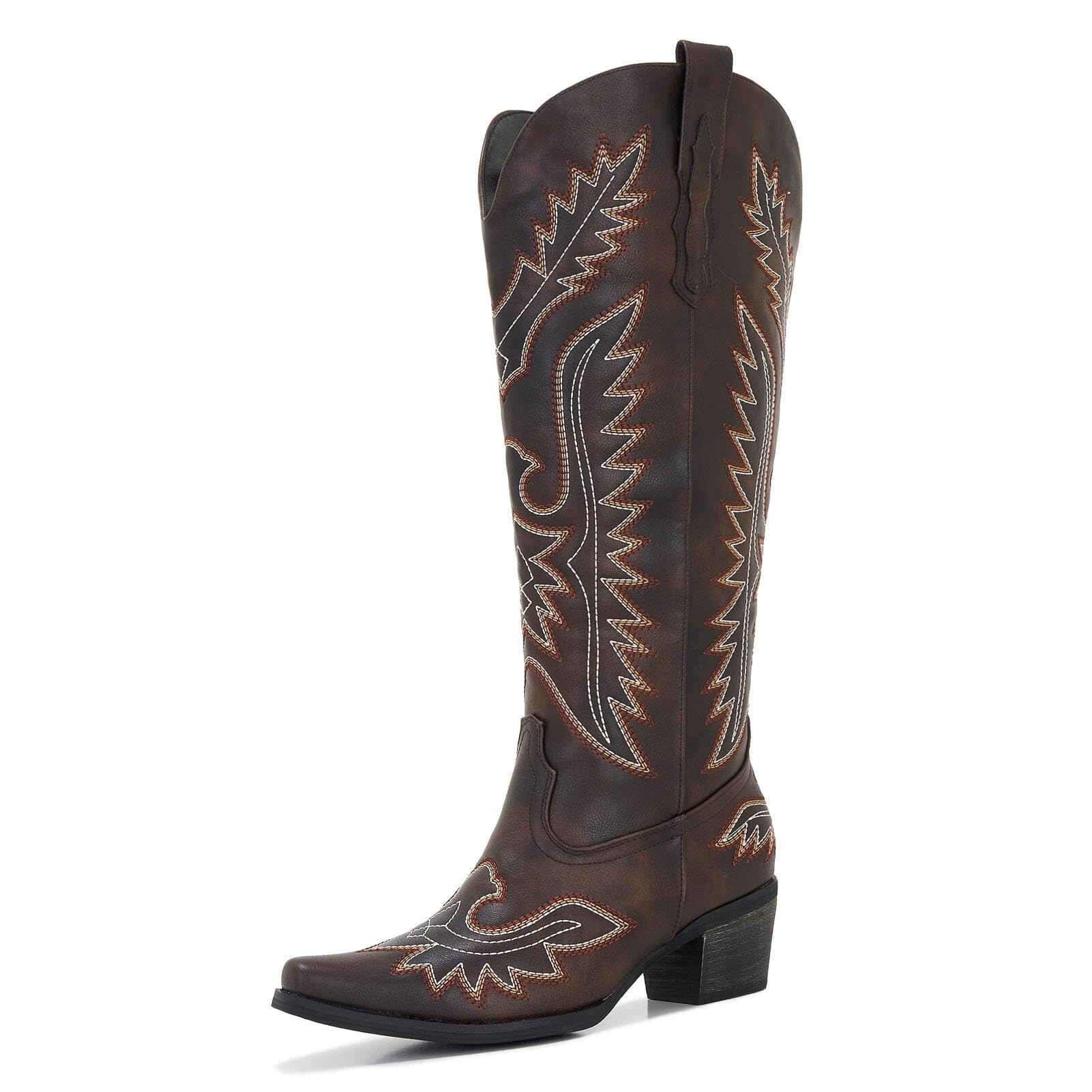 Womens Plus Size Wide Calf Cowboy Boots Western Knee High Cowgirl Boots with Classic Embroidered Stitching Pull On