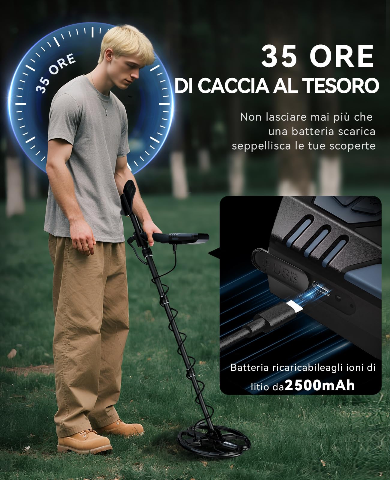 SUNPOW Metal Detector Professionale Ricaricabile per Adulti – Batteria 2500 mAh (35 h) – Metal Detector Impermeabile Oro IP68 con Bobina Double-D 25 cm, 4 modalità, Struttura Robusta – OTMD15