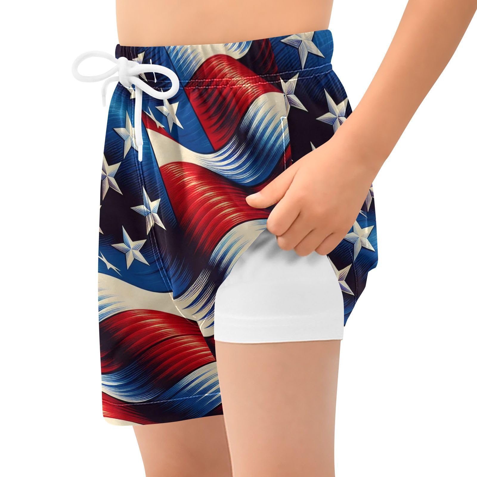 YANENDIE Boy Swim Trunks with Compression Liner Stars and Stripes Boys Swim Shorts Quick Dry Beach Shorts