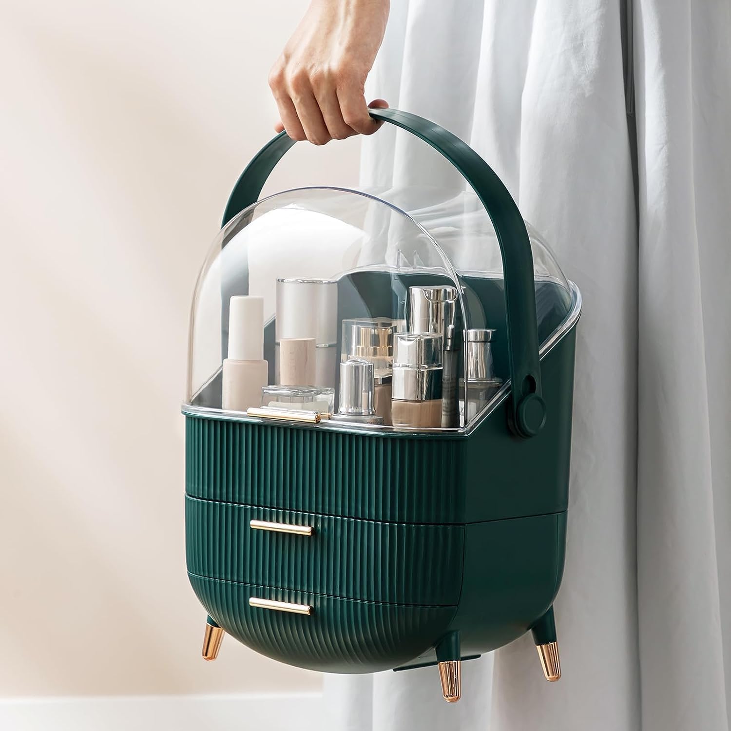 Kousee Custodia multifunzione per cosmetici, antipolvere, organizer per prodotti per la cura della pelle, organizer per gioielli, scatola per finitura per camera da letto, bagno, scrivania, verde