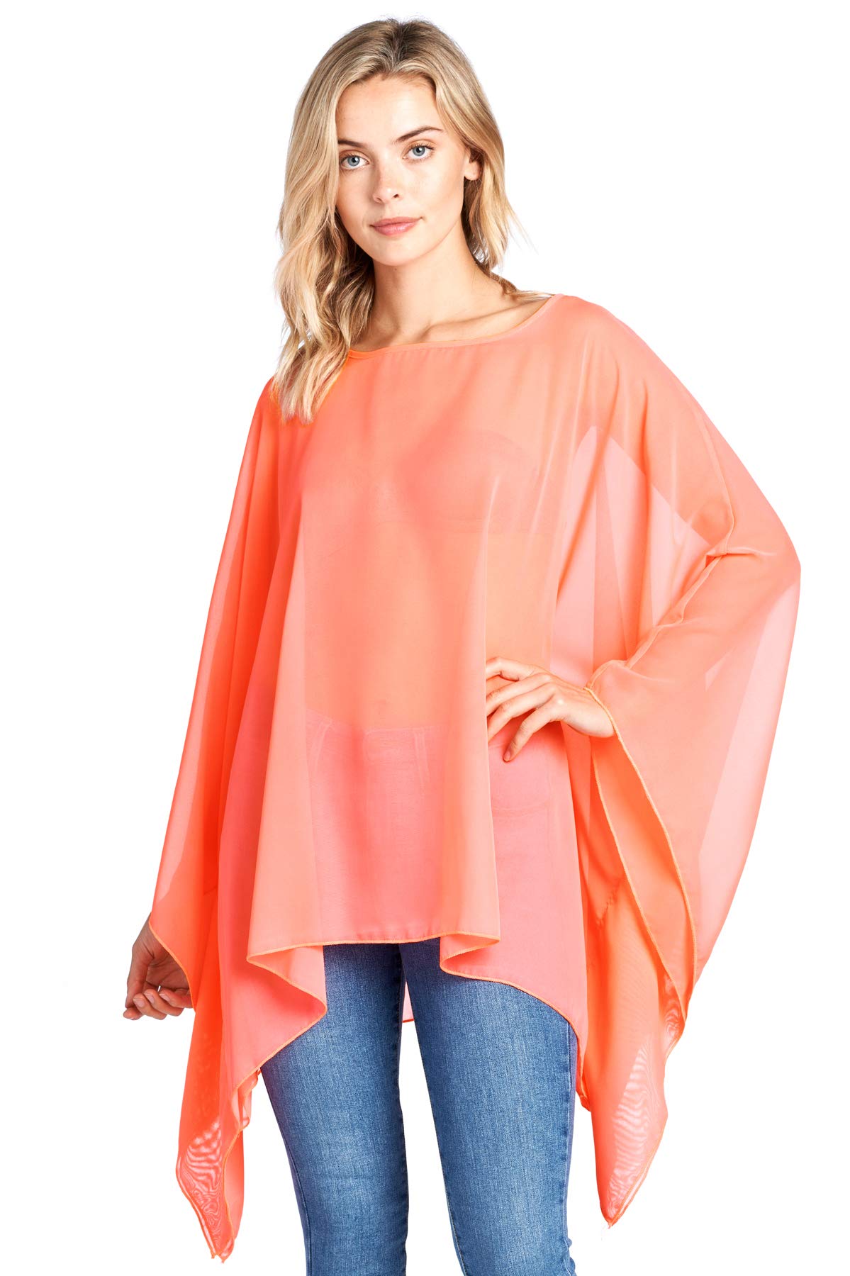 Modern Kiwi Solid Sheer Chiffon Caftan Poncho Tunic Top Neon Orange One Size