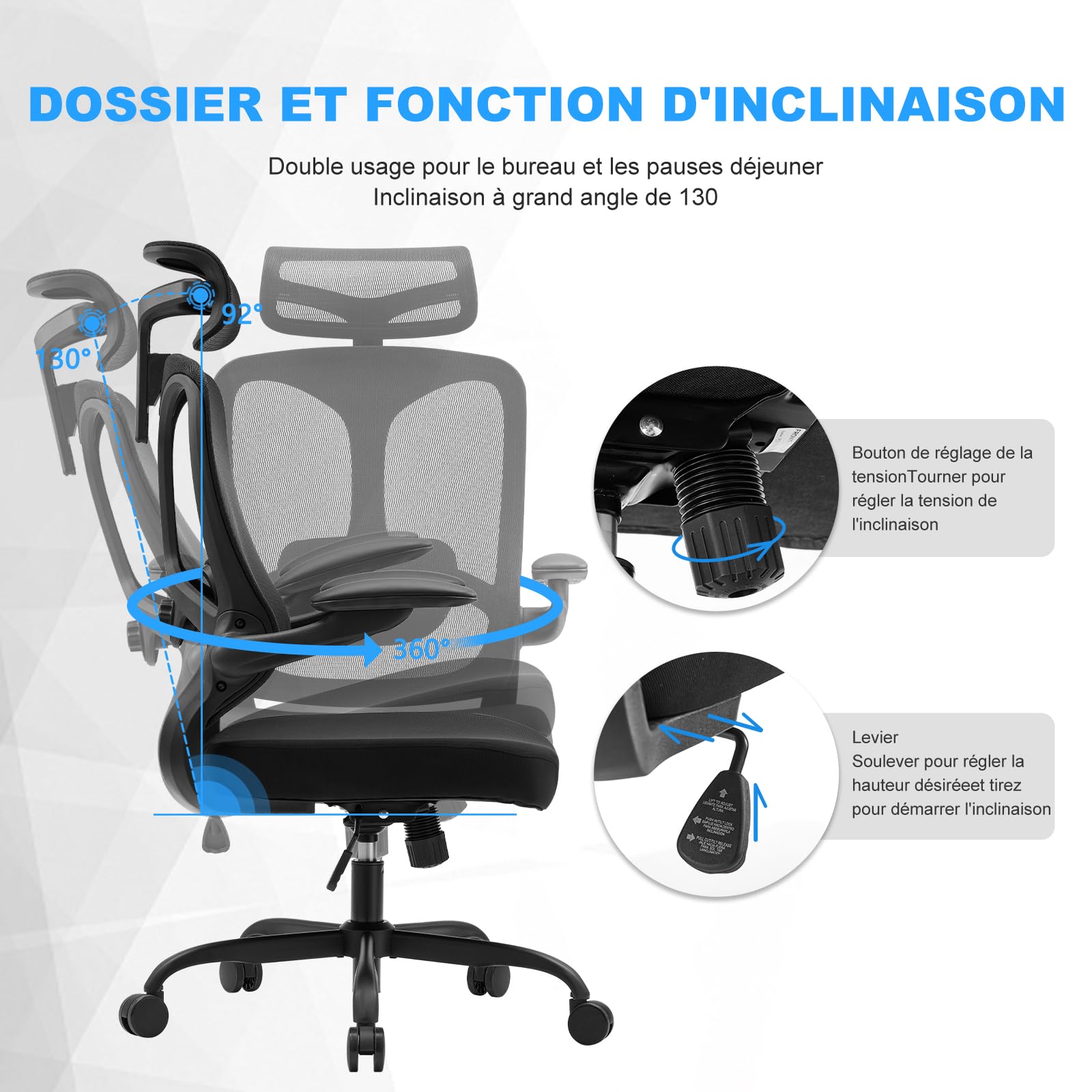 Magic Life Chaise de Bureau Ergonomique,Chaise avec Appui-tête 2D en Maille avec Dossier Haut,Support Lombaire Confortable,accoudoirs réglables (Negro)