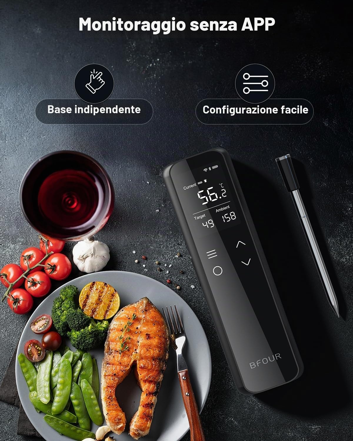 BFOUR Termometro per carne, WiFi e Bluetooth, termometro per barbecue con 6 sensori, 3 modelli Connect, controllo app, impermeabile IP67, termometro per arrosto per affumicatore, barbecue, forno e