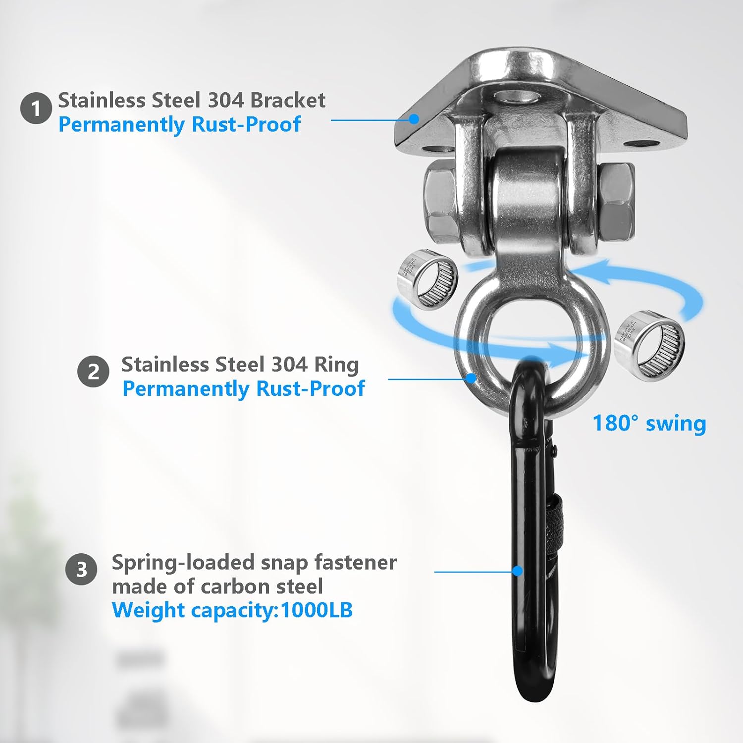 2-Pack Heavy Duty Swing Hanger Bracket, 1000 lbs Capacity, 304 Stainless Steel Swing Mount with Threaded Hook, for Indoor/Outdoor Porch Swing, Hammock, Gym Rings, Punching Bag Hardware