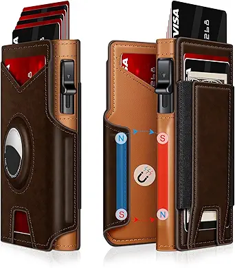 Airtag Wallet for Men, Minimalist Slim Mens Wallet Smart Pop Up Credit Card Holder for 9-13 Cards, RFID Blocking Wallet with ID Window & Cash Slot, Compact Bifold Metal Aluminum Card Case