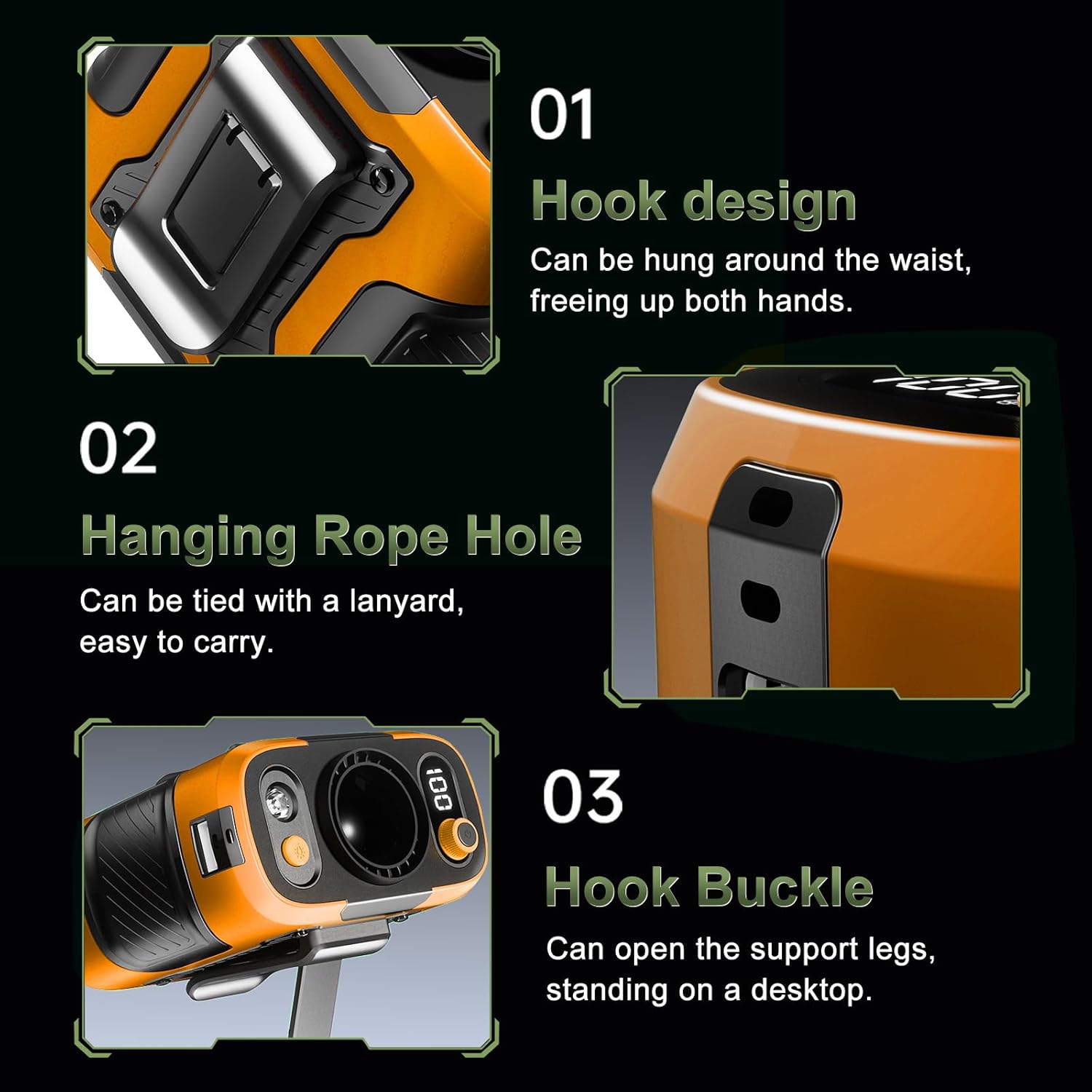 Portable Waist Fan Rechargeable 100 Speeds 13500RPM Wearable Personal Fan with 24H Cooling with Flashlight for Outdoor Camping Travel, Orange