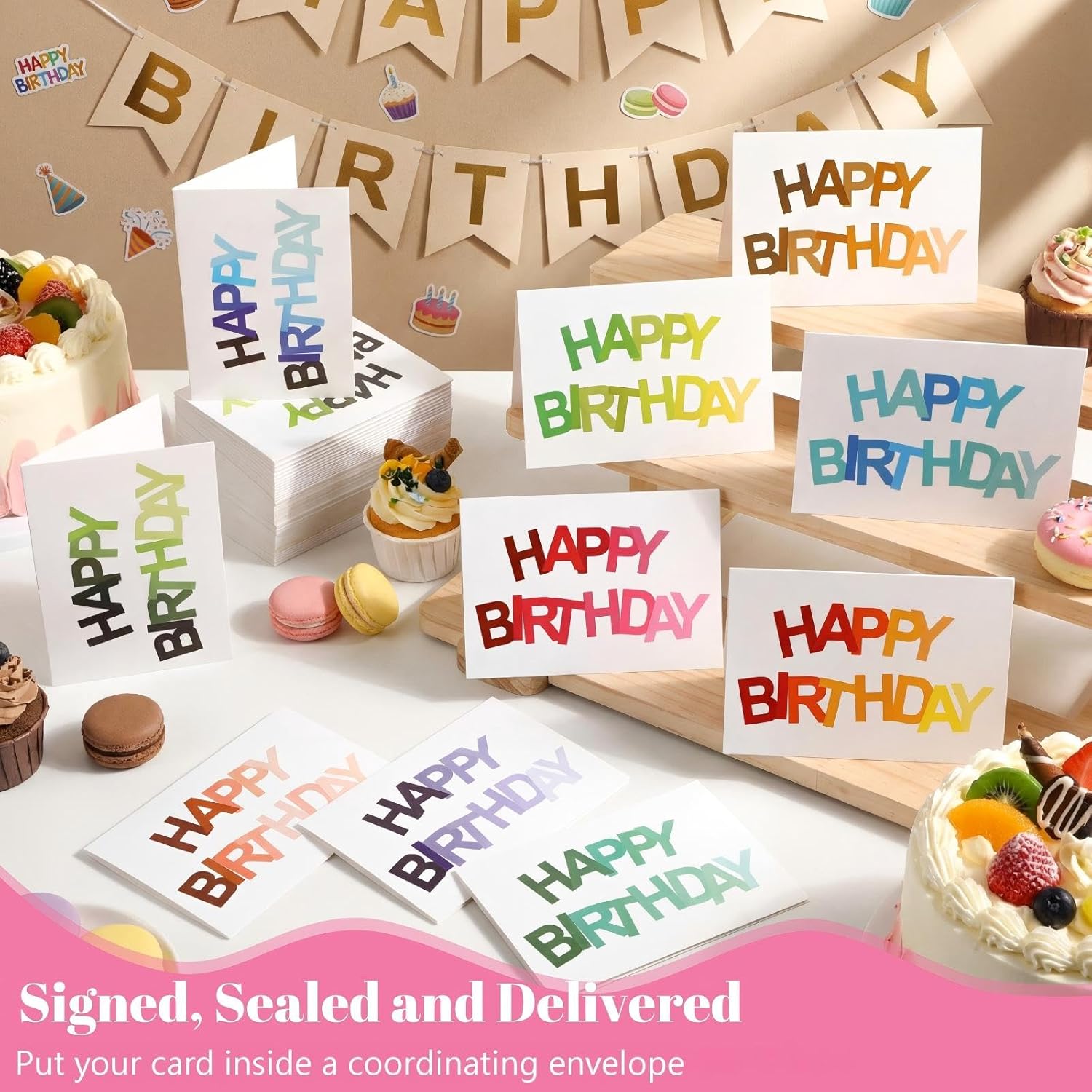 Gueevin 200 Pcs Happy Birthday Cards Bulk with Envelopes and Stickers 3.5 x 5 Inch Birthday Greeting Blank Cards, 10 Designs for Work, Friends, Family, Party Supplies(Colorful Ombre Font)