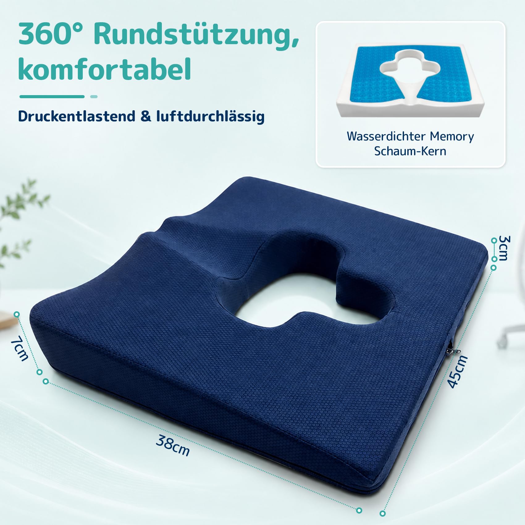Hämorrhoiden Sitzkissen mit Kühlgel,orthopädisches Steißbeinkissen Anti-Dekubitus,45D Memory Foam gegen Bandscheibenvorfall