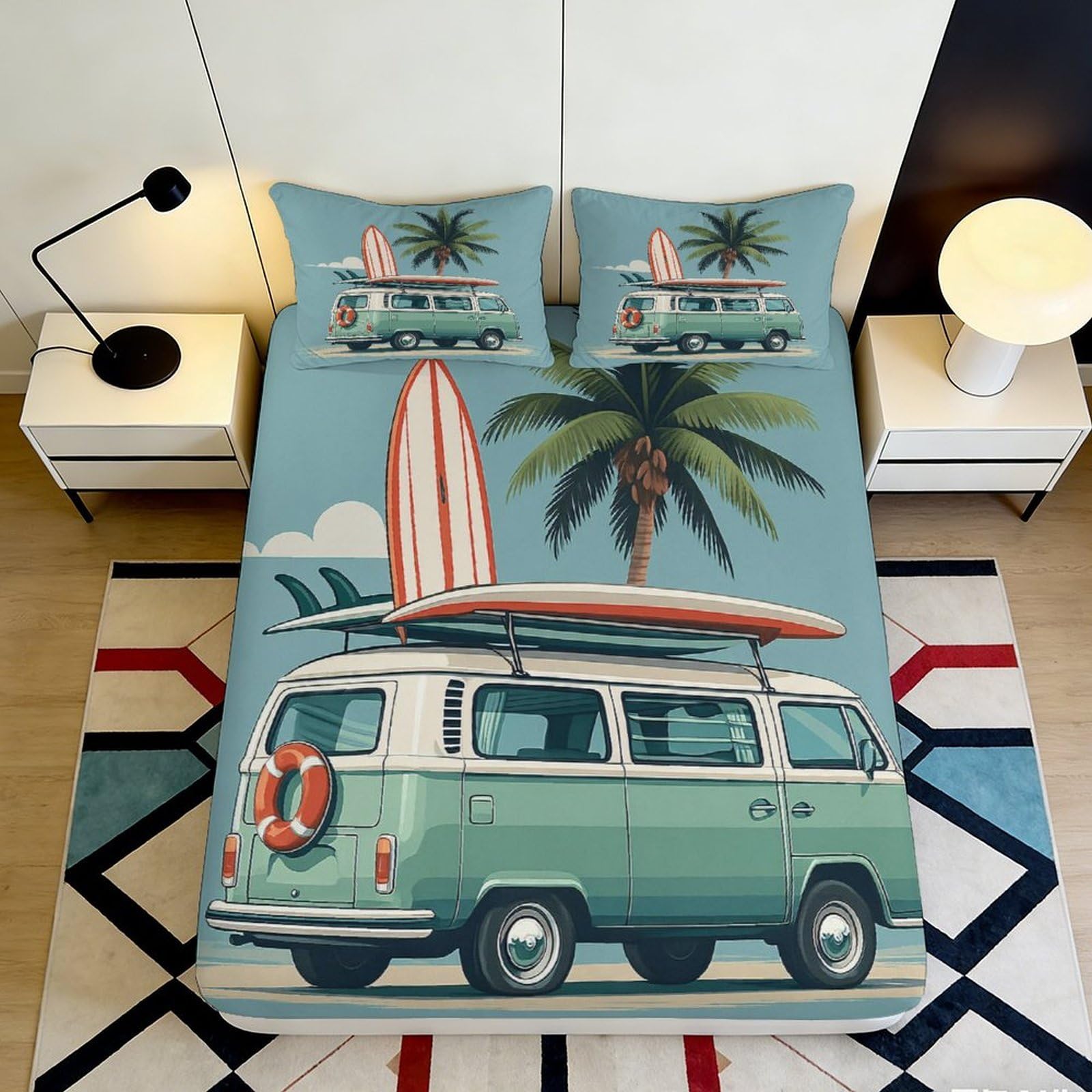 3D Printed Vintage Campervan Fitted Sheet Microfiber Soft Durable Surfboard Bed Cover for Bedroom Dormitory Guest Room Mattress Protection 120x200x25cm