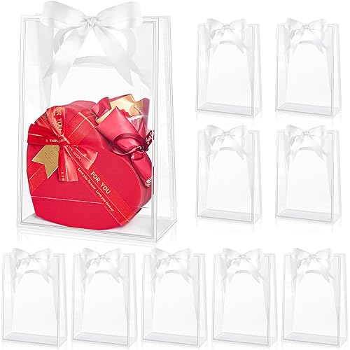 Ohuimrt 12 Pack Clear Plastic Gift Bags with Handles, Reusable Party Favor Bags with Ribbon for Birthday, Wedding, Bachelorette Party, 10.2 x 7.1 x 3.1 Inch (White)