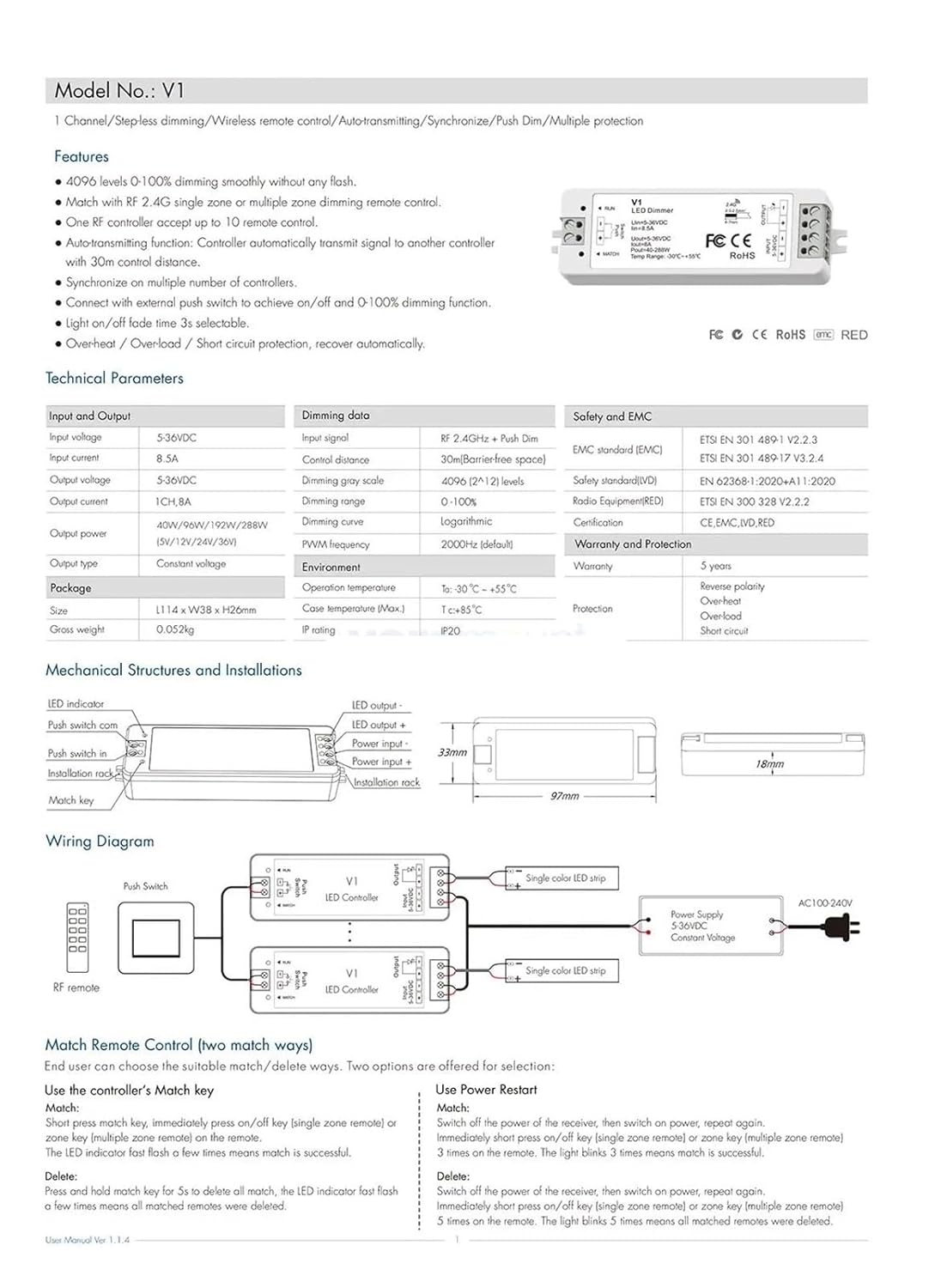 PK1 1 Zone Rotary knob Panel Brightness Adjustable Remote Control for Single Color LED dimmer Series(V1 Dimmer Only)