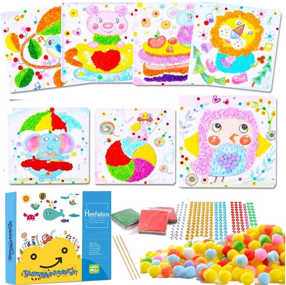 Here Fashion Kids Tissue Paper Sticker Art Kit - DIY Mosaic Pompoms Paper Crafts Art Project Toys for Preschool Kids Toddler