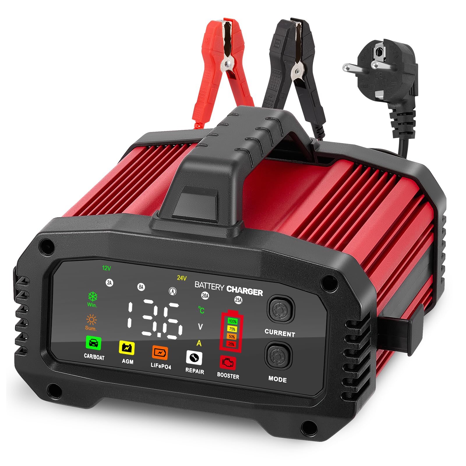 25A Caricabatteria da Auto, Caricabatterie per Auto LiFePO4 12V 24V, Caricabatteria portatile, Intelligente Schermo LED Caricabatteria per Auto Moto Camion, AGM, Gel, SLA