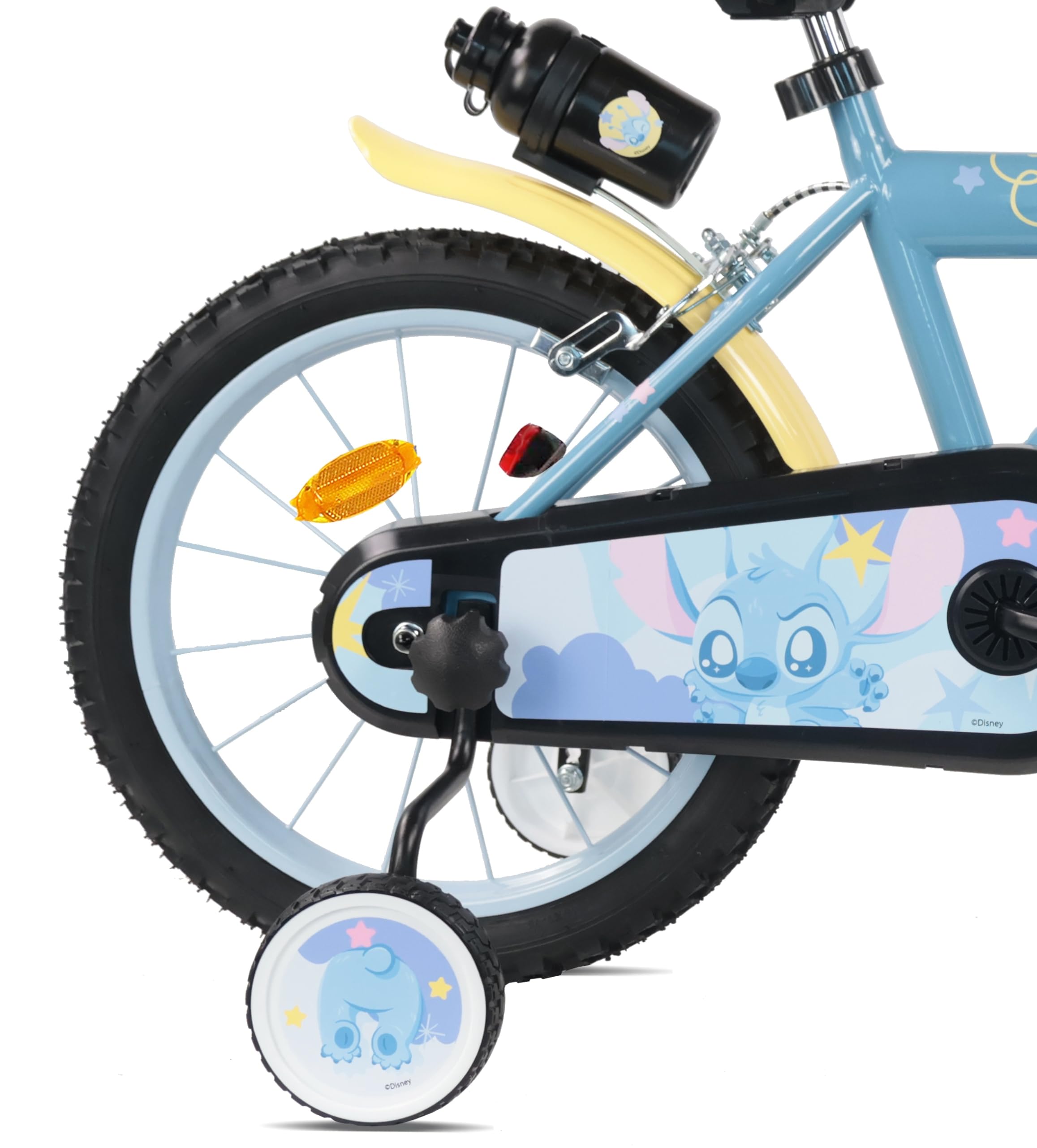 Vélo 16'' Stitch équipé de 2 Freins, Roues gonflables, Plaque Avant décorative, bidon arrière et stabilisateurs Inclus.