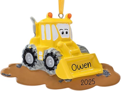 Adorno de Navidad personalizado de excavadora 2025  Excavadora, retroexcavadora amarilla, excavadora con ojos, vehículo de construcción para árbol