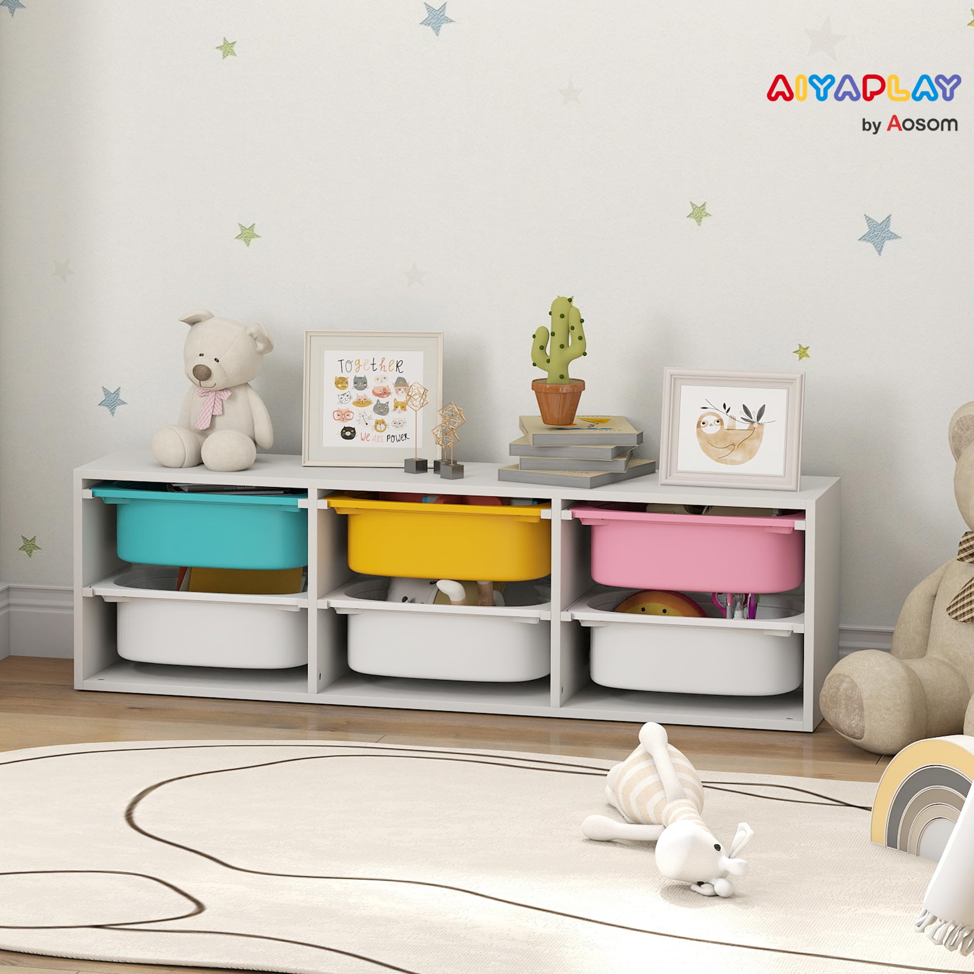 AIYAPLAY Meuble Rangement Enfant à 2 Niveaux avec 6 bacs Amovibles, étagère de Rangement pour Jouets Enfants pour Chambre d'enfant, Salle de Jeux ou garderie, Blanc