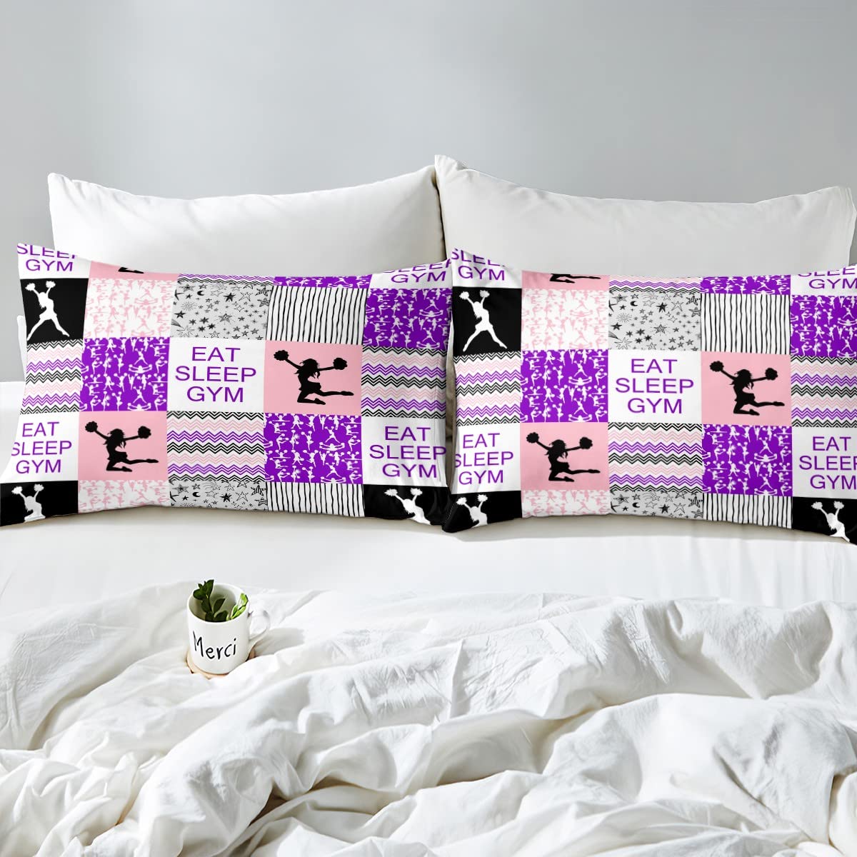 Cheerleading Bettwäsche Set für Kinder, Mädchen, Teenager und Erwachsene - Bettbezug 135 x 200 cm - Geometrisch Kariertes Design mit Sternenhimmel - Lila Pink