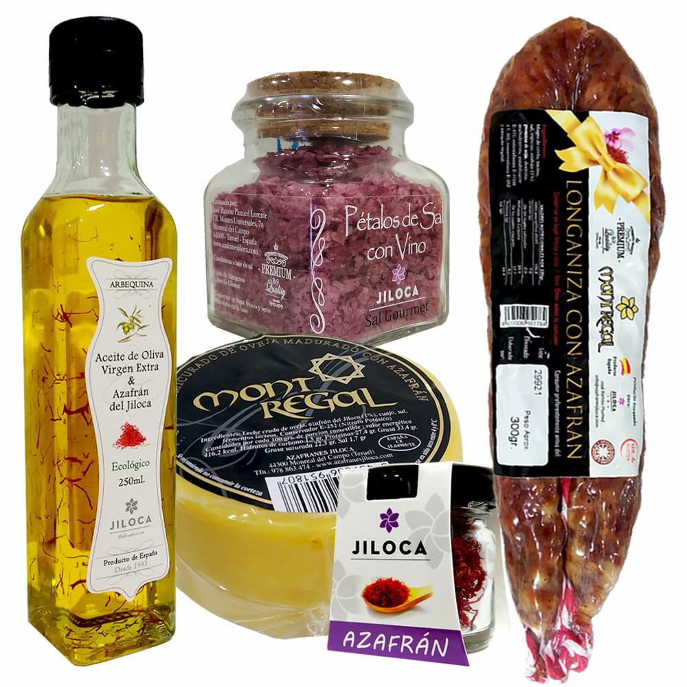 Jiloca Azafranes Cesta Navidad Gourmet para Regalar, Lote para Ocasiones Especiales con Embutidos Delicatessen, Aceite de Oliva, Queso de Oveja, Longaniza, Pétalos de Sal, Azafrán Hebra Selección