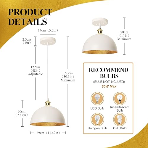 Miniatura 6 de Lámpara colgante de hoja blanca y dorada, lámpara colgante de techo vintage, lámpara colgante de metal ajustable de granja, lámpara de comedor