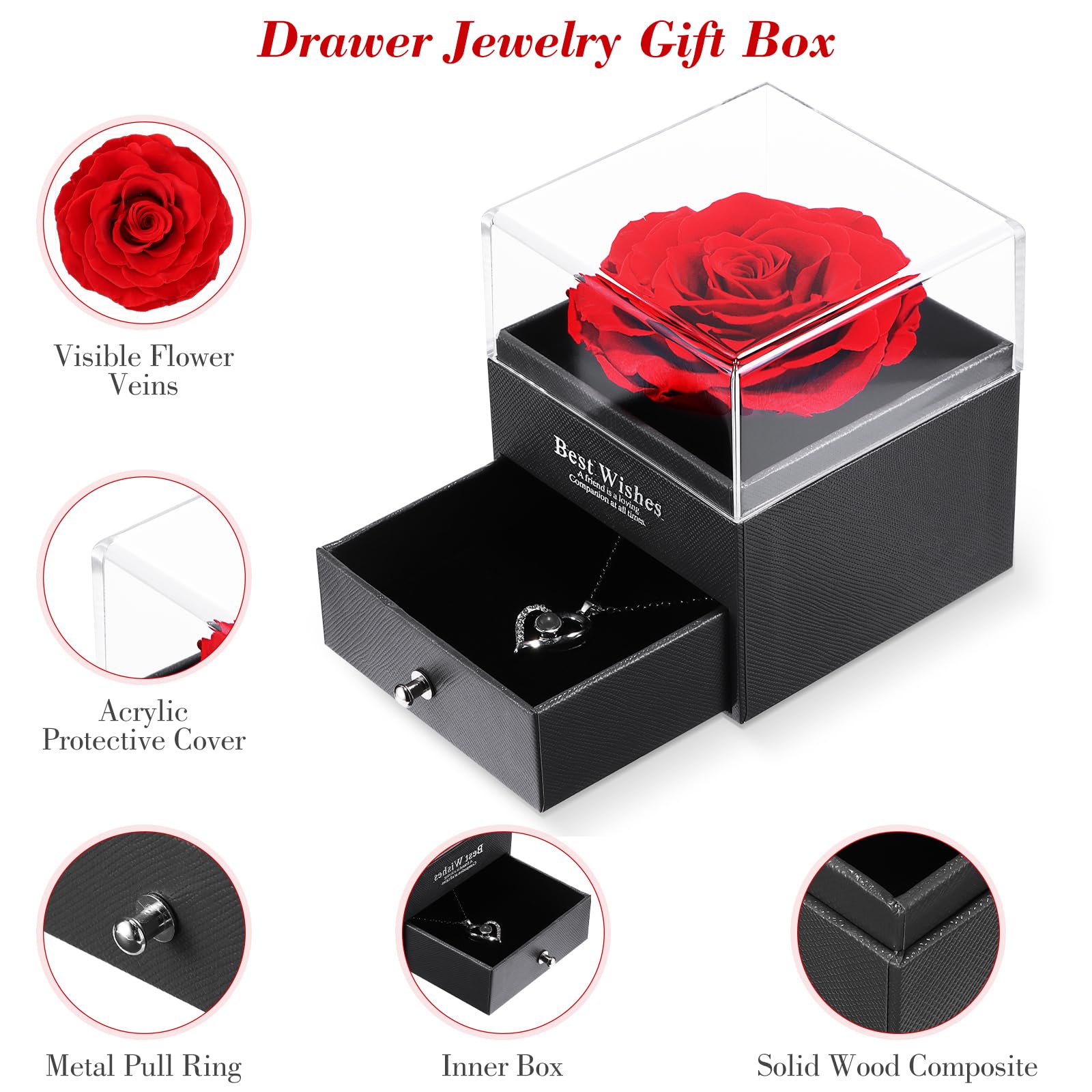 ALLOMN Vera Rosa Conservata, Confezione Regalo di Gioielli con Fiori di Rosa Eterna con Collana Ti Amo per Sua Moglie Fidanzata Madre per Compleanno Anniversario San Valentino Festa della Mamma Natale