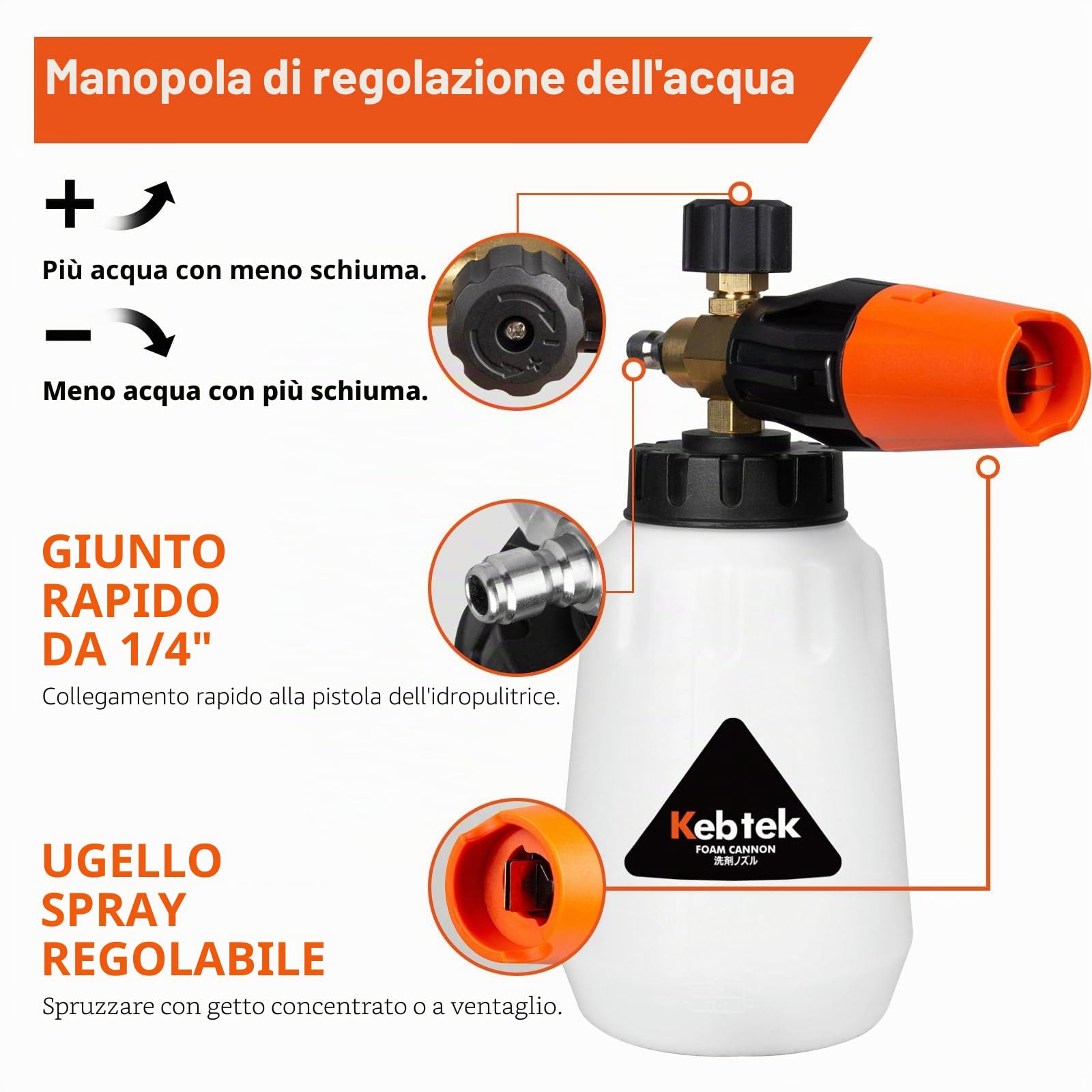 Kebtek Pistola Idropulitrice ad Alta Pressione 5200 PSI con Lancia Schiuma e 5 Ugelli a Spruzzo e Adattatore Compatible per Karcher K2-K7 (MRP-001-A)