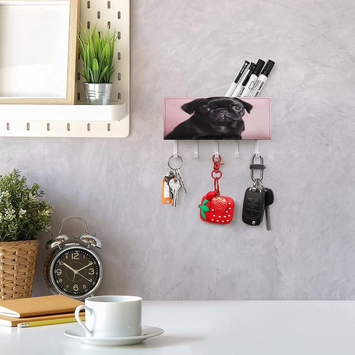 Key Holder Wall Mount Key Hanger with 5 Hooks, Decorative Key Rack | Cute Black Pug Hanging Key Hooks with Mail Organizer for Wall Living Room Kitchen Bathroom Hallway