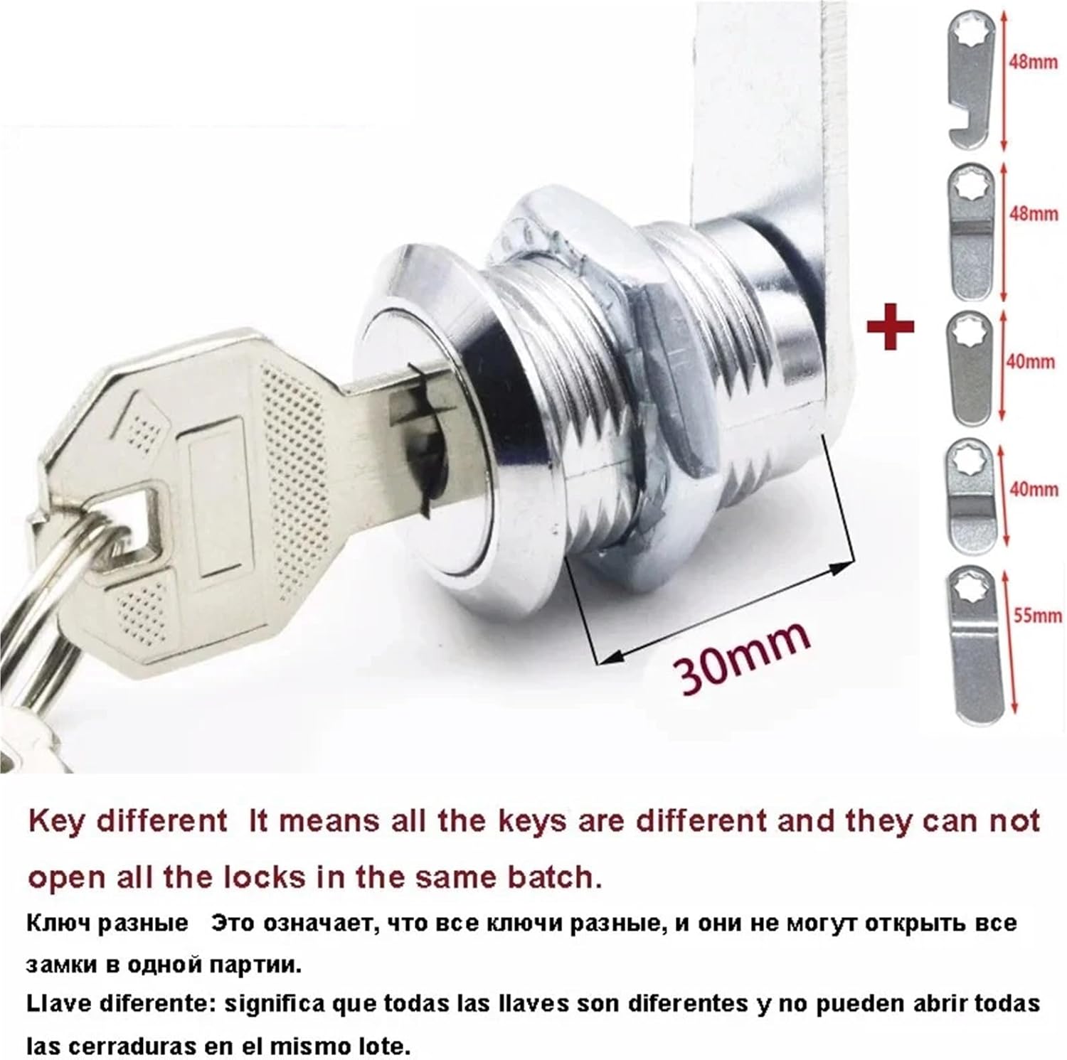 Cabinet Cam Lock 2 Keys 5 Tail Pieces for Mailbox Tool Box Gym Locker Drawer Furniture Door Hardware HJ05 G1 1Pcs(Key Different x 30mm)